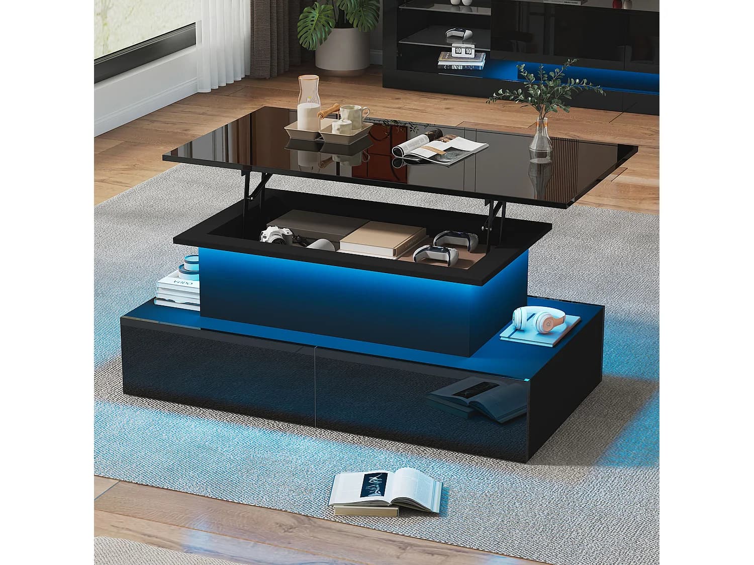 Table basse relevable - 90 x 55 x 41 cm - brillante moderne avec Leds + 4 tiroirs - aggloméré - noir