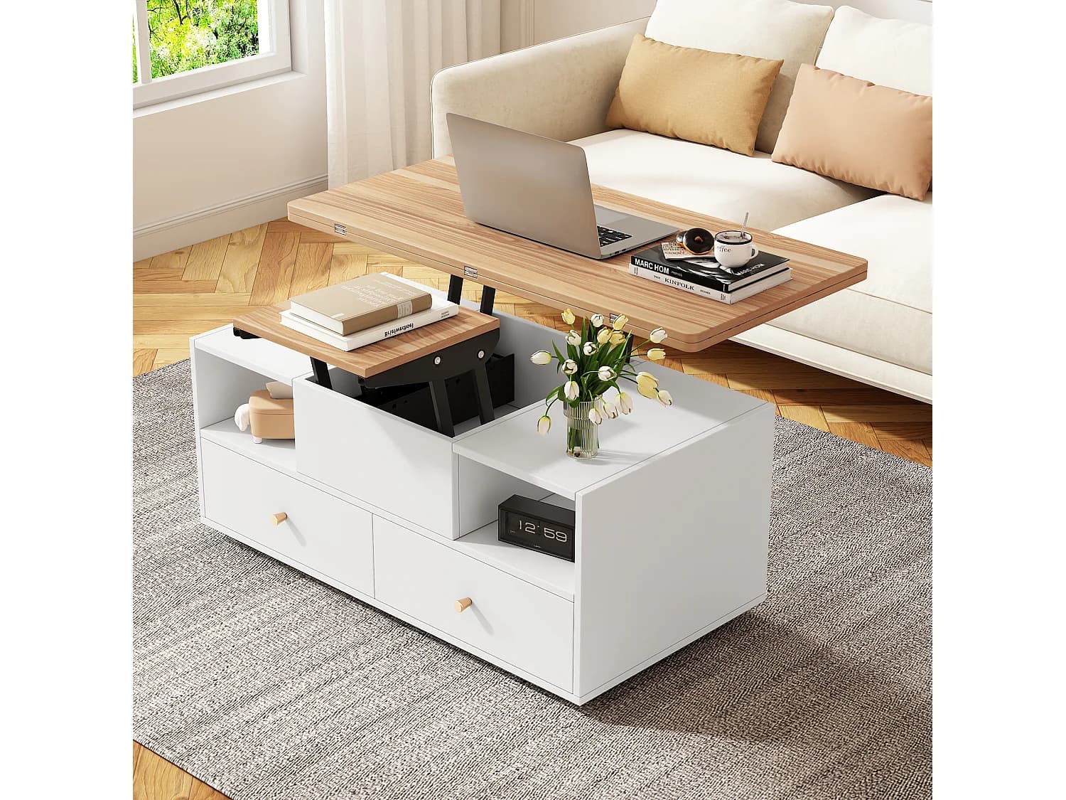 Table basse relevable - 100 x 50 x 47.5 cm - avec fonction rabattable + 4 tiroirs + roulettes - MDF - naturel