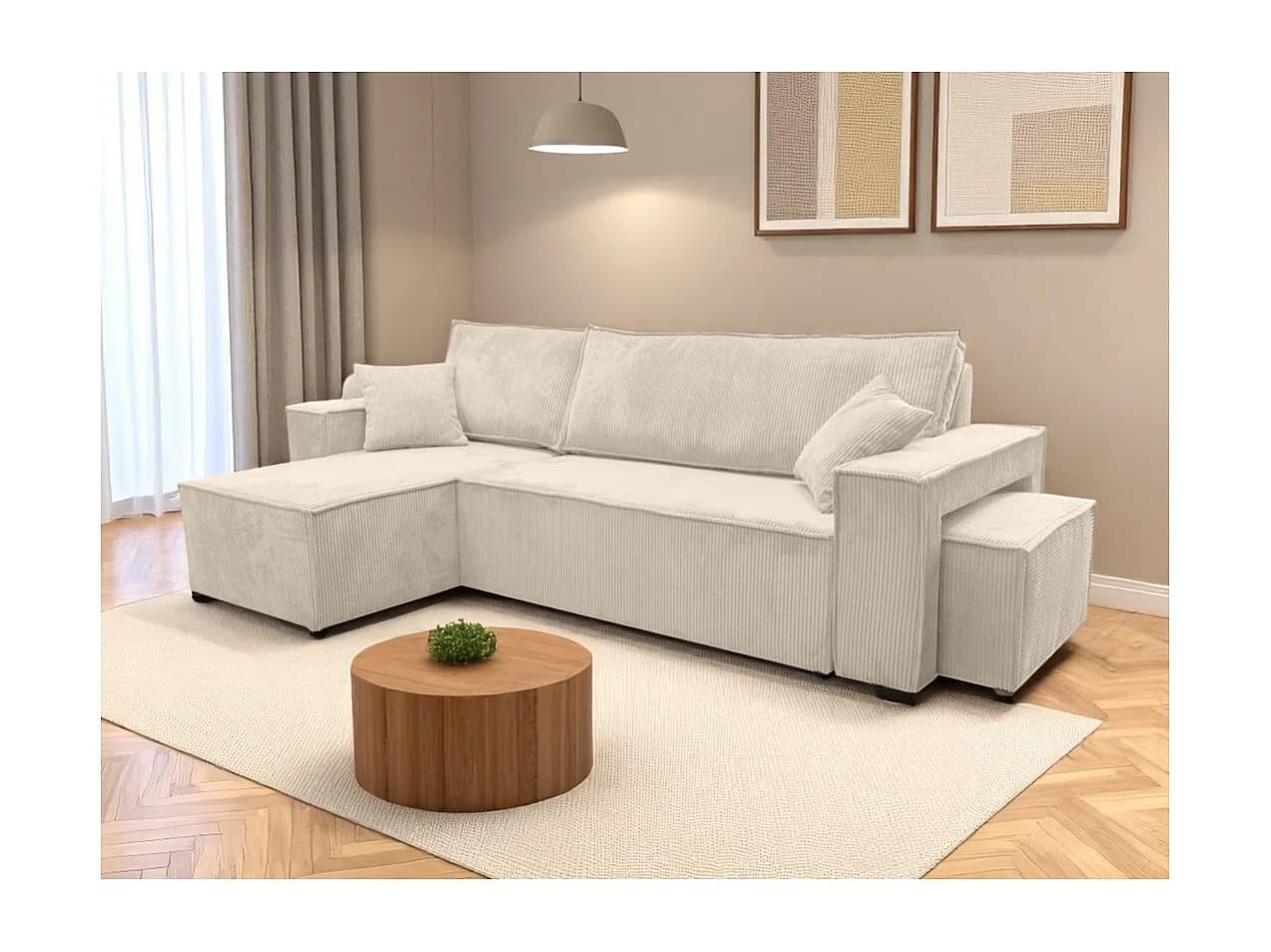 Canapé FARAH d'angle réversible et convertible 4 places avec un pouf en velours côtelé - Beige