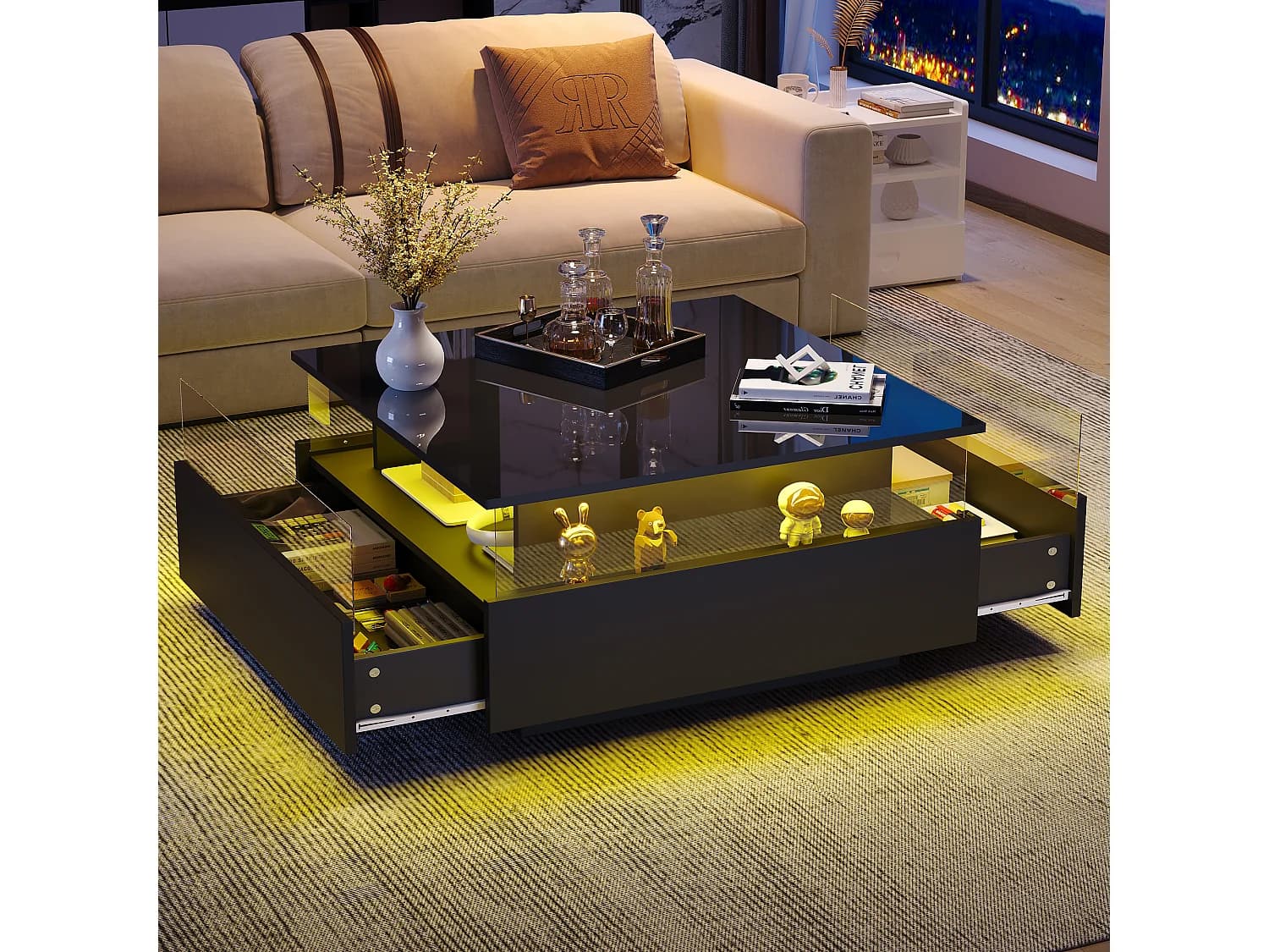 Table basse carré 70x70x41cm avec 2 tiroirs et LED, corps en noir laqué brillant