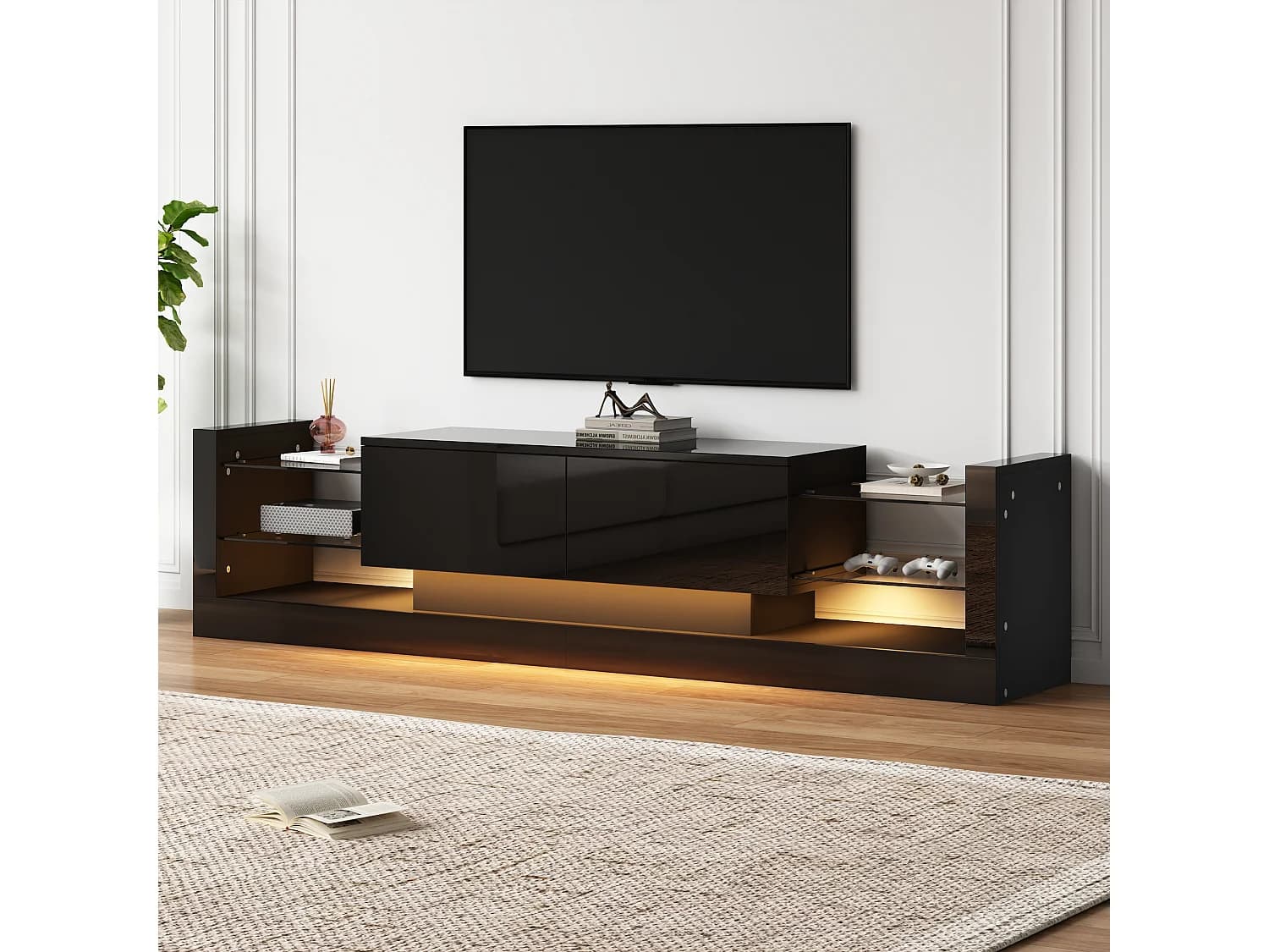 Meuble TV 181x38x38cm avec 2 portes et 4 tablettes en verre, LED inclus, noir