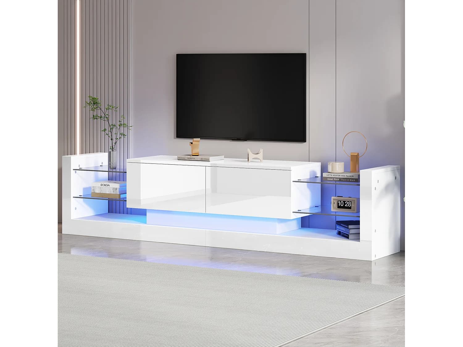 Meuble TV 181x38x38cm avec 2 portes et 4 tablettes en verre, LED inclus, blanc