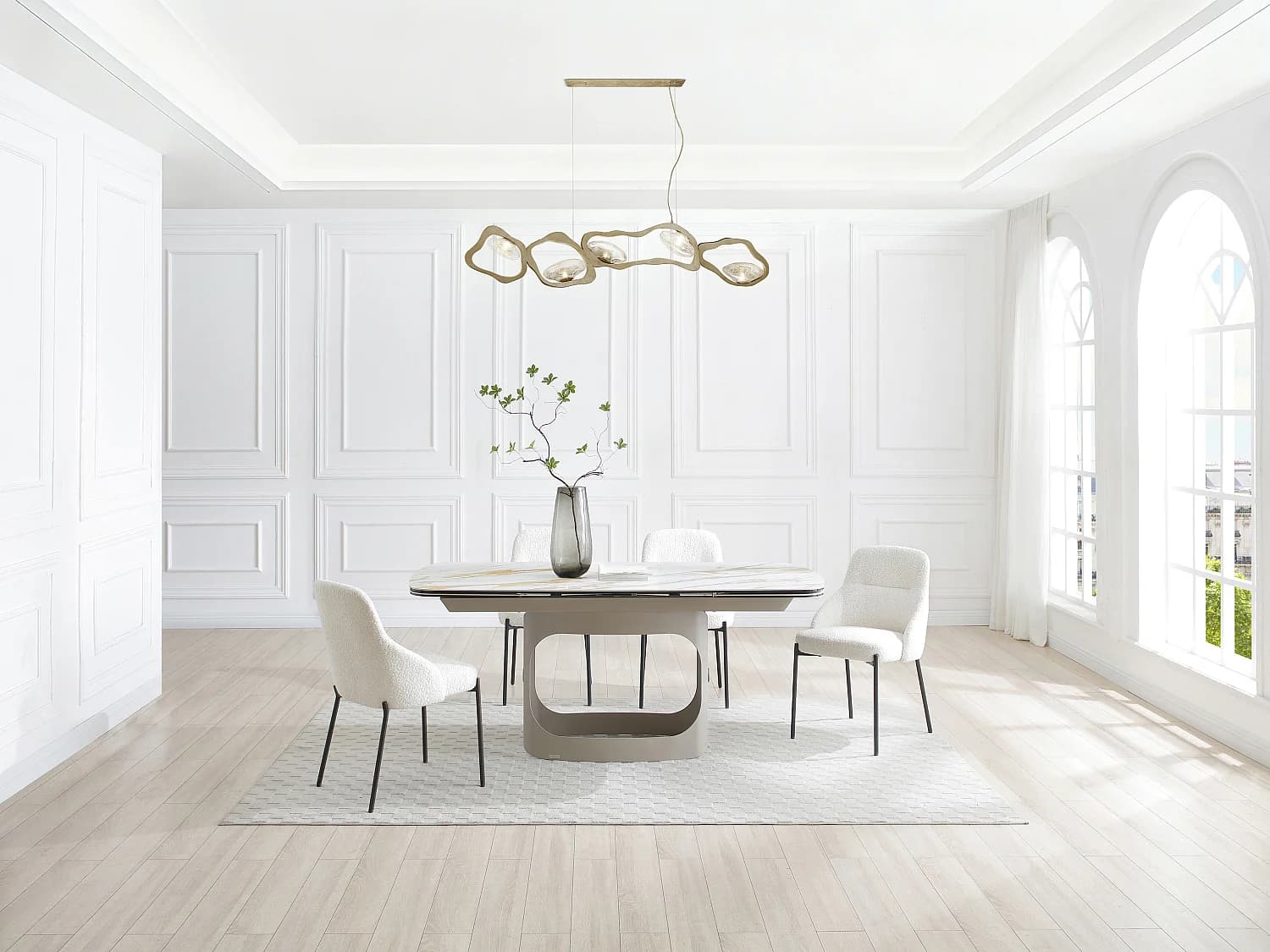 Table à manger extensible 6 à 10 personnes en céramique, verre trempé et métal taupe - Effet marbre blanc - DAVULO de Maison Céphy