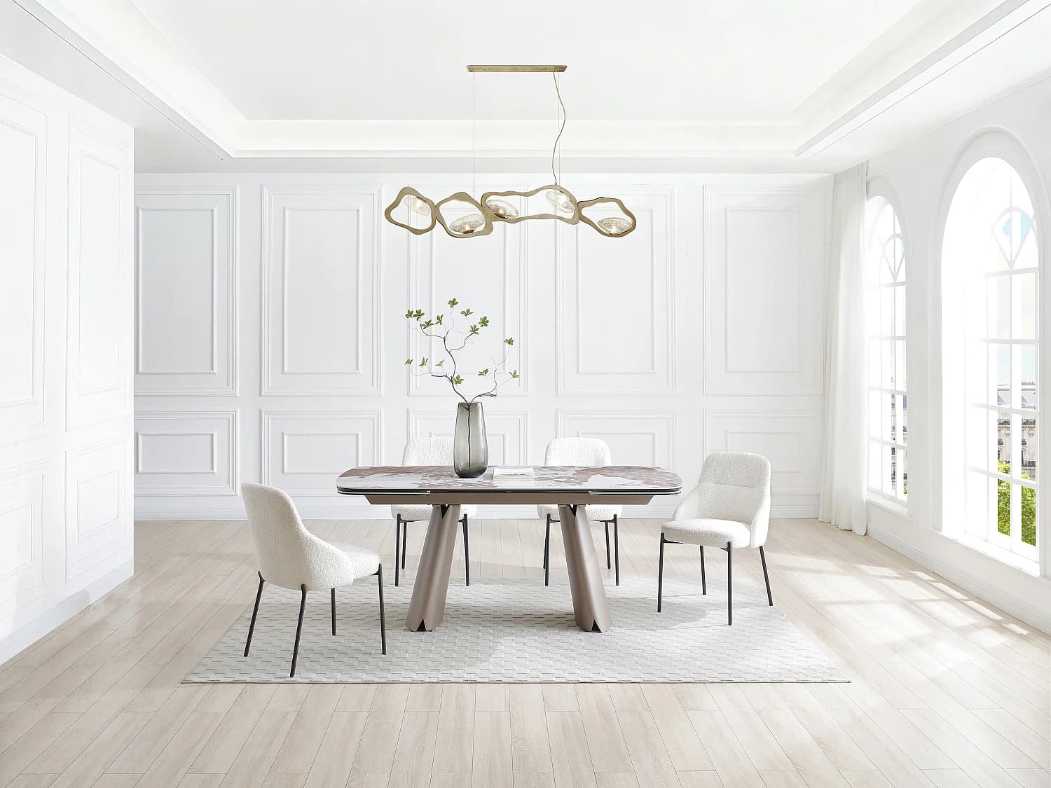 Table à manger extensible 6 à 10 personnes en céramique, verre trempé et métal bronze - Effet marbre blanc et gris - FARUDI de Maison Céphy