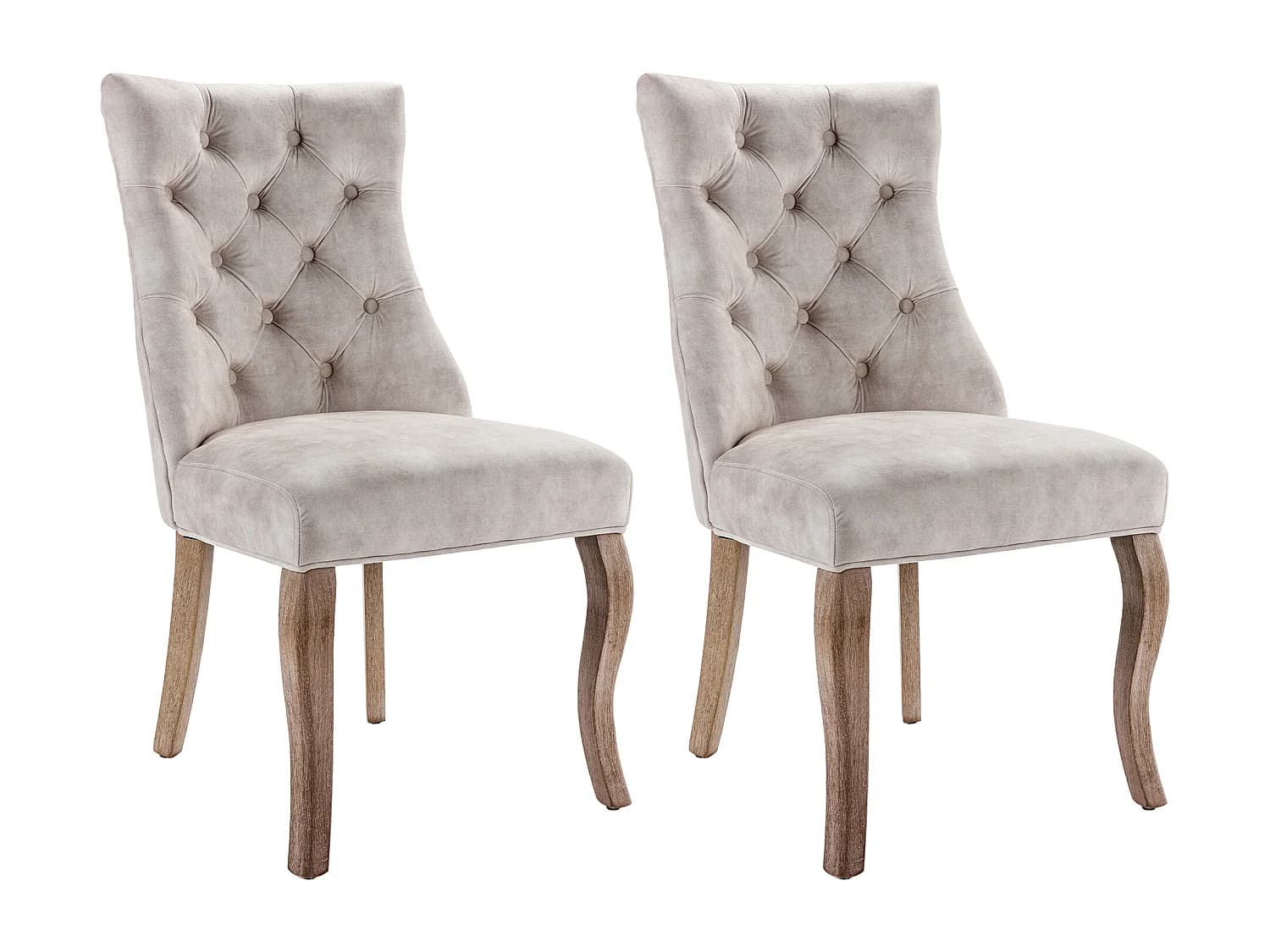 Lot de 2 chaises en velours beige clair avec pieds en bois courbés, boutons décoratifs