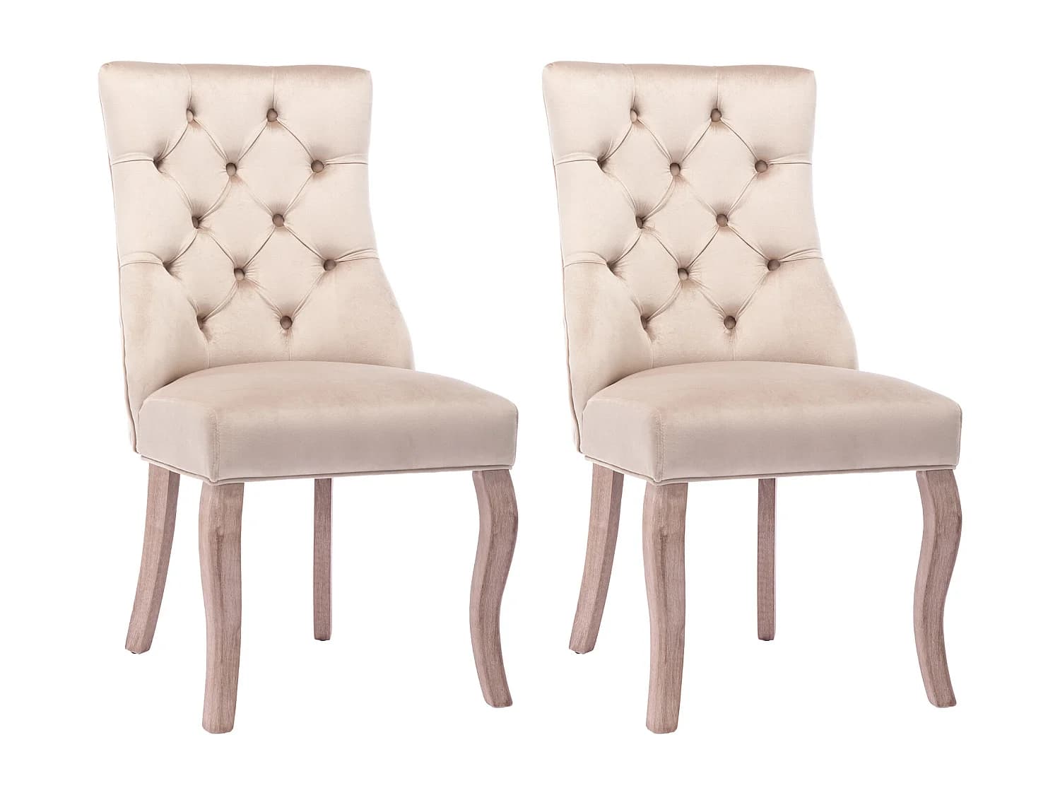 Lot de 2 chaises en velours beige avec pieds en bois courbés, boutons décoratifs