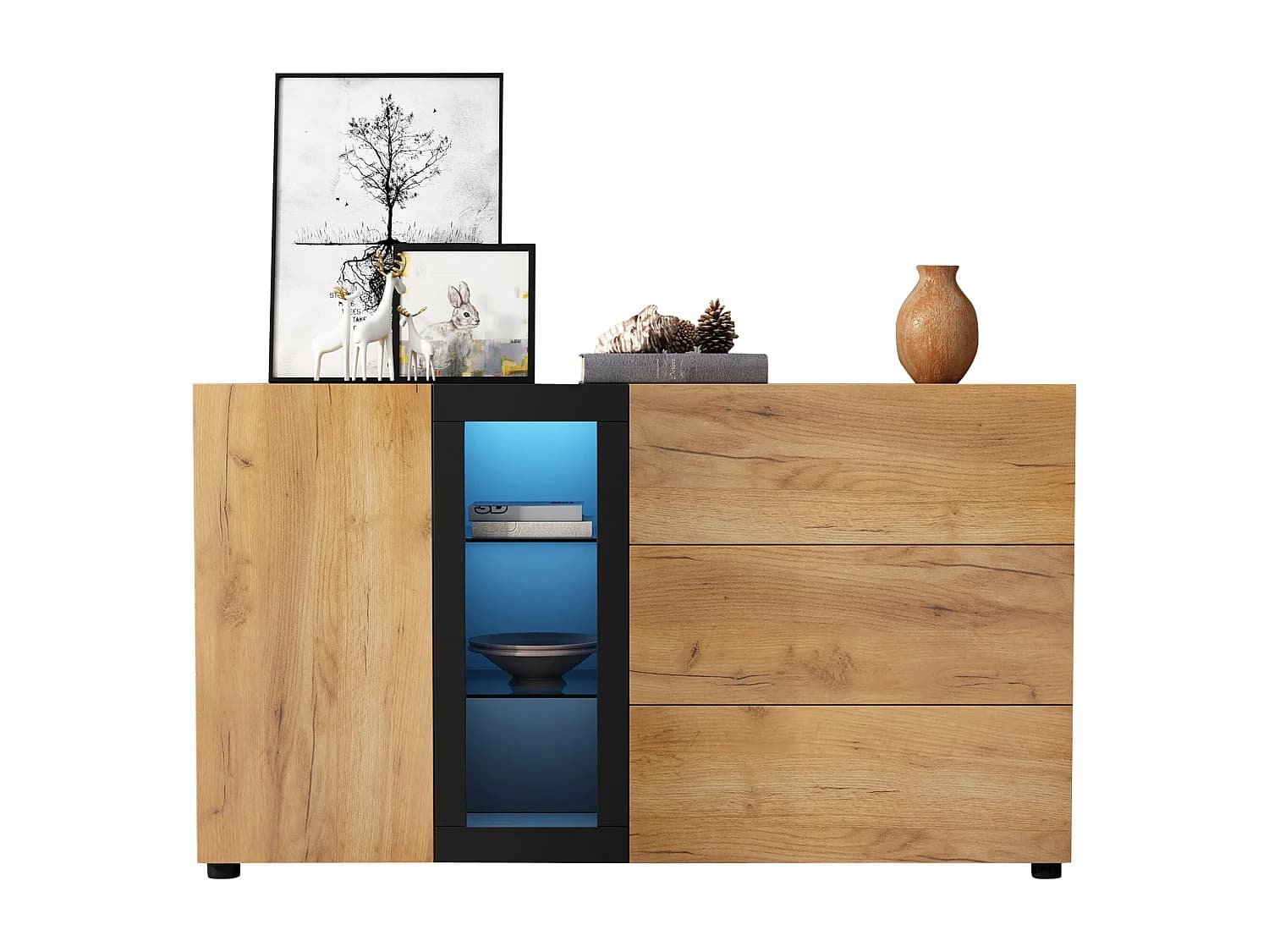 Buffet de cuisine 140x40x80cm avec 3 tiroirs, 1 porte et 3 tablettes en verre, LED inclus, corps en placage woodgrain naturel et noir