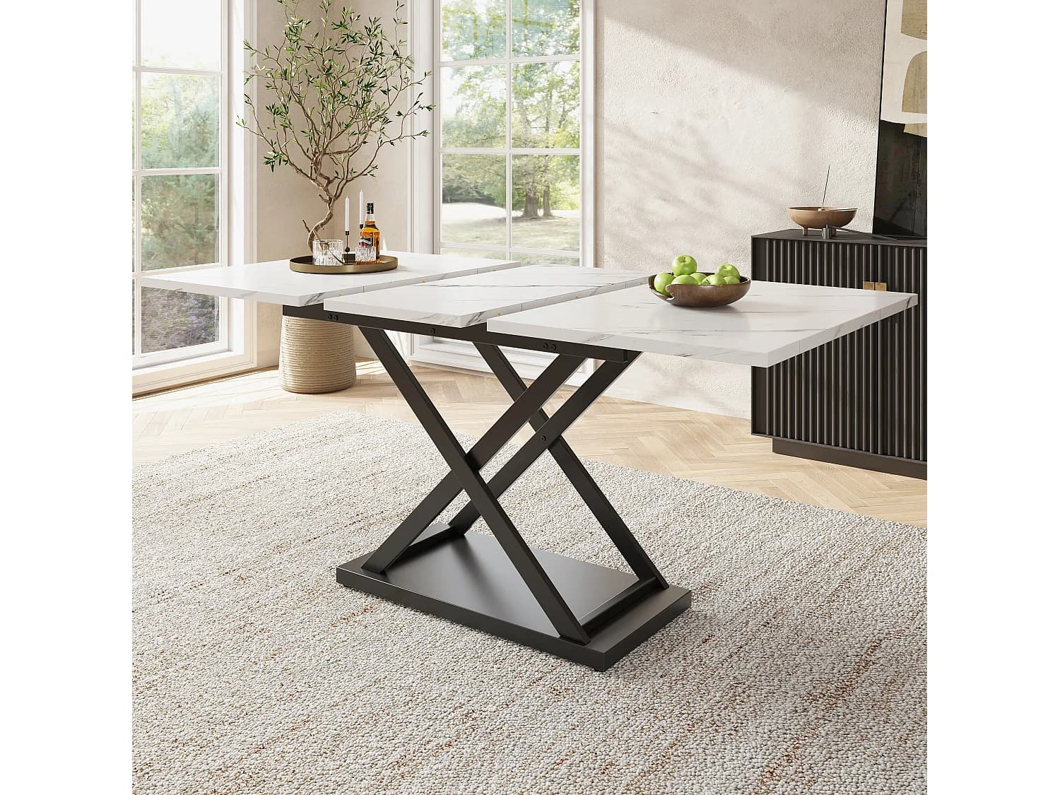 Table à manger en blanc - Table à manger extensible avec pieds croisés en fer noir - pour cuisine et salon