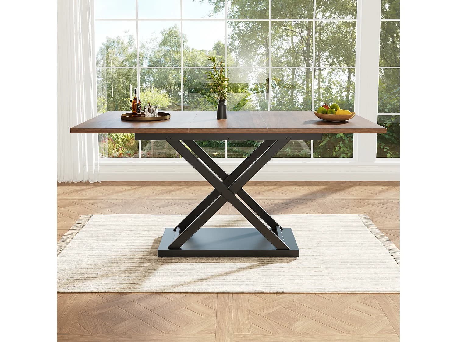 Table à manger en noyer - Table à manger extensible avec pieds croisés en fer noir - pour cuisine et salon