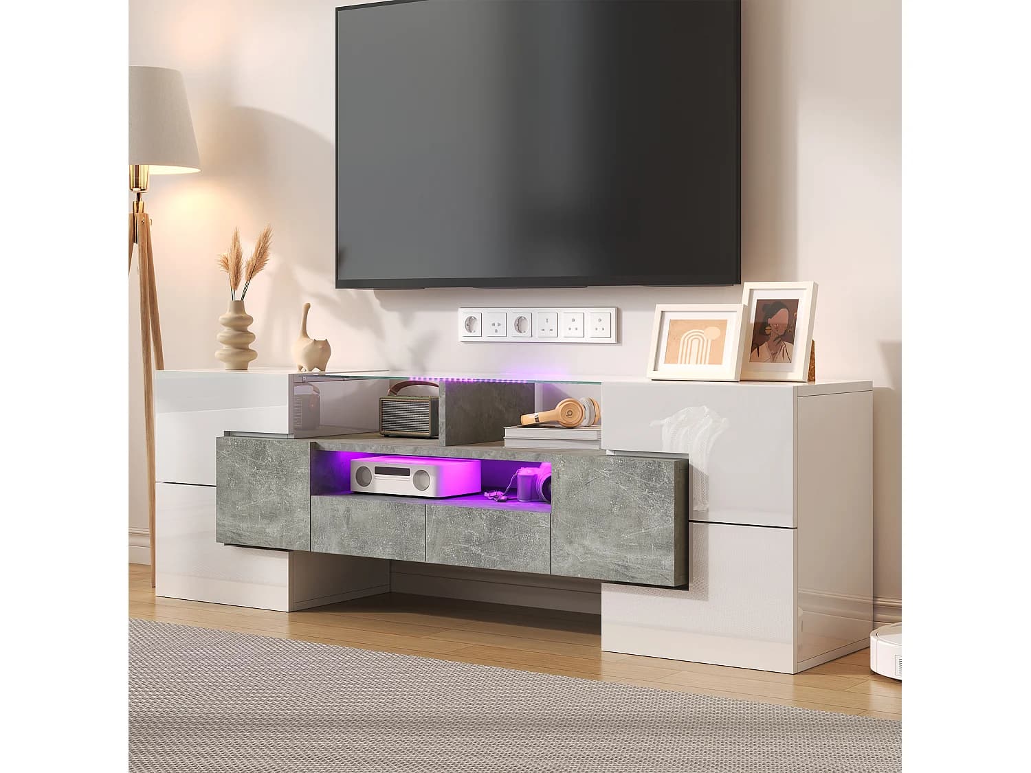 Moderne Banc TV Haute Brillance avec LED, 4 Portes e 2 Tiroirs Meuble Télé, Rangement Ouvert, Béton