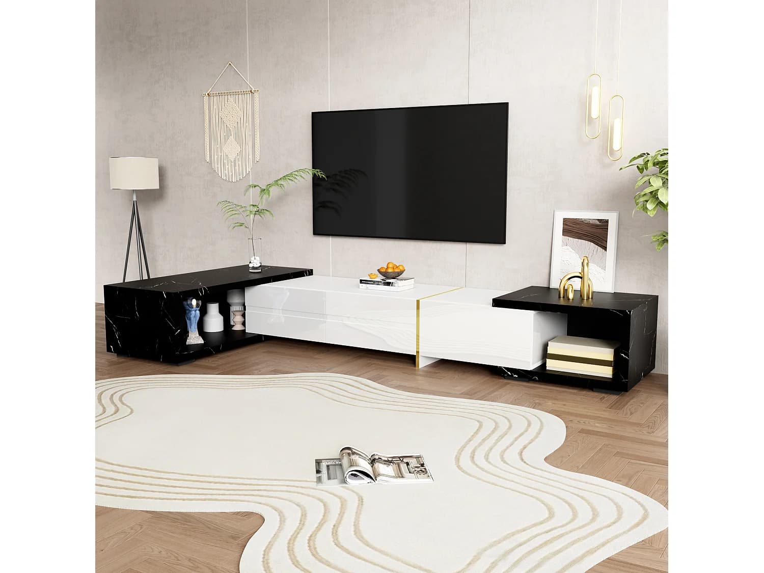 Meuble TV Moderne à Longueur Variable (140-260 cm), Meuble TV bas avec Fonction Rotative , blanc