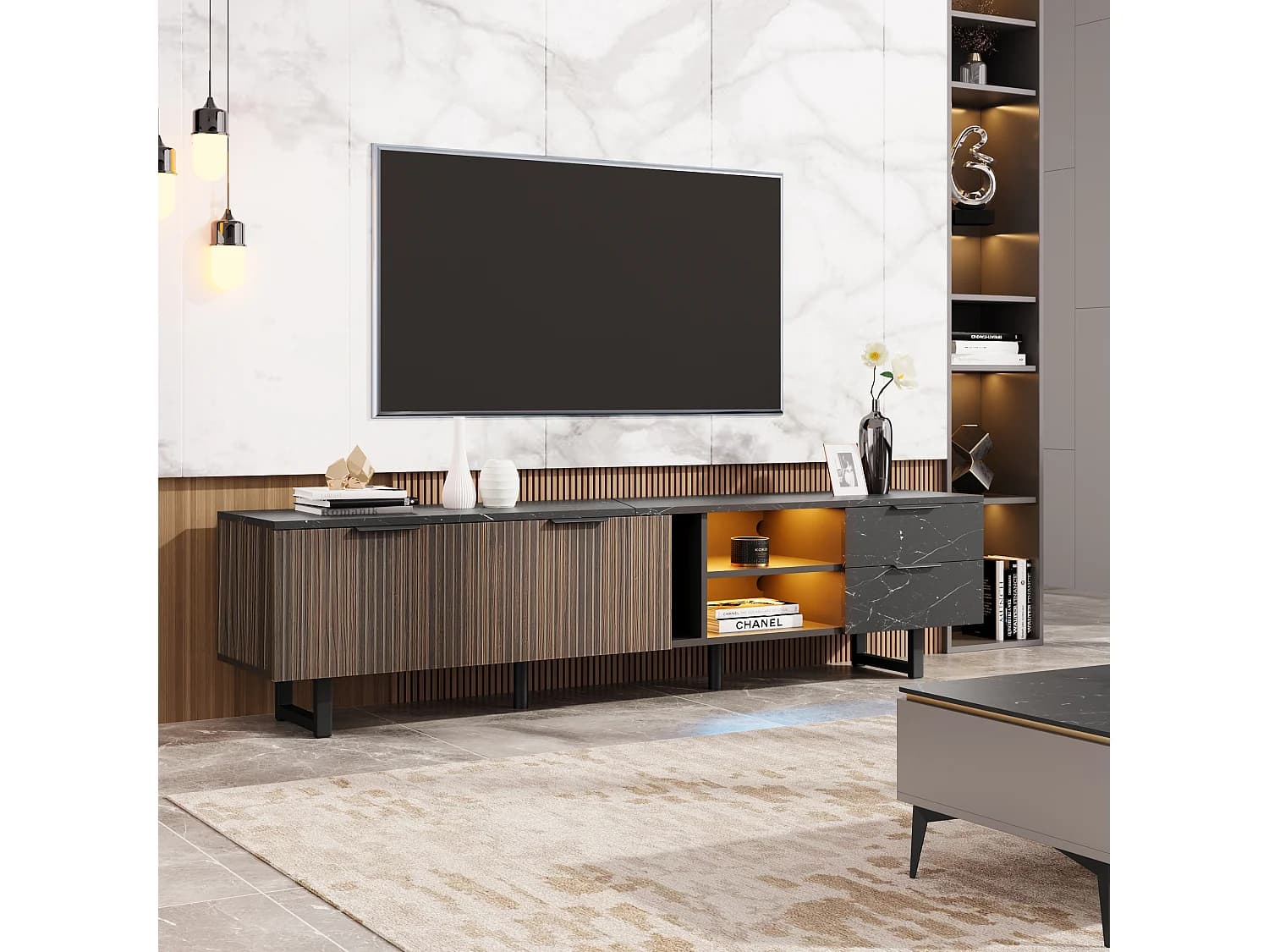 Meuble TV 200 X 38 X 50 Cm, Portes En Bois Foncé Veiné, Led Réglable, 2 Portes Et 2 Tiroirs