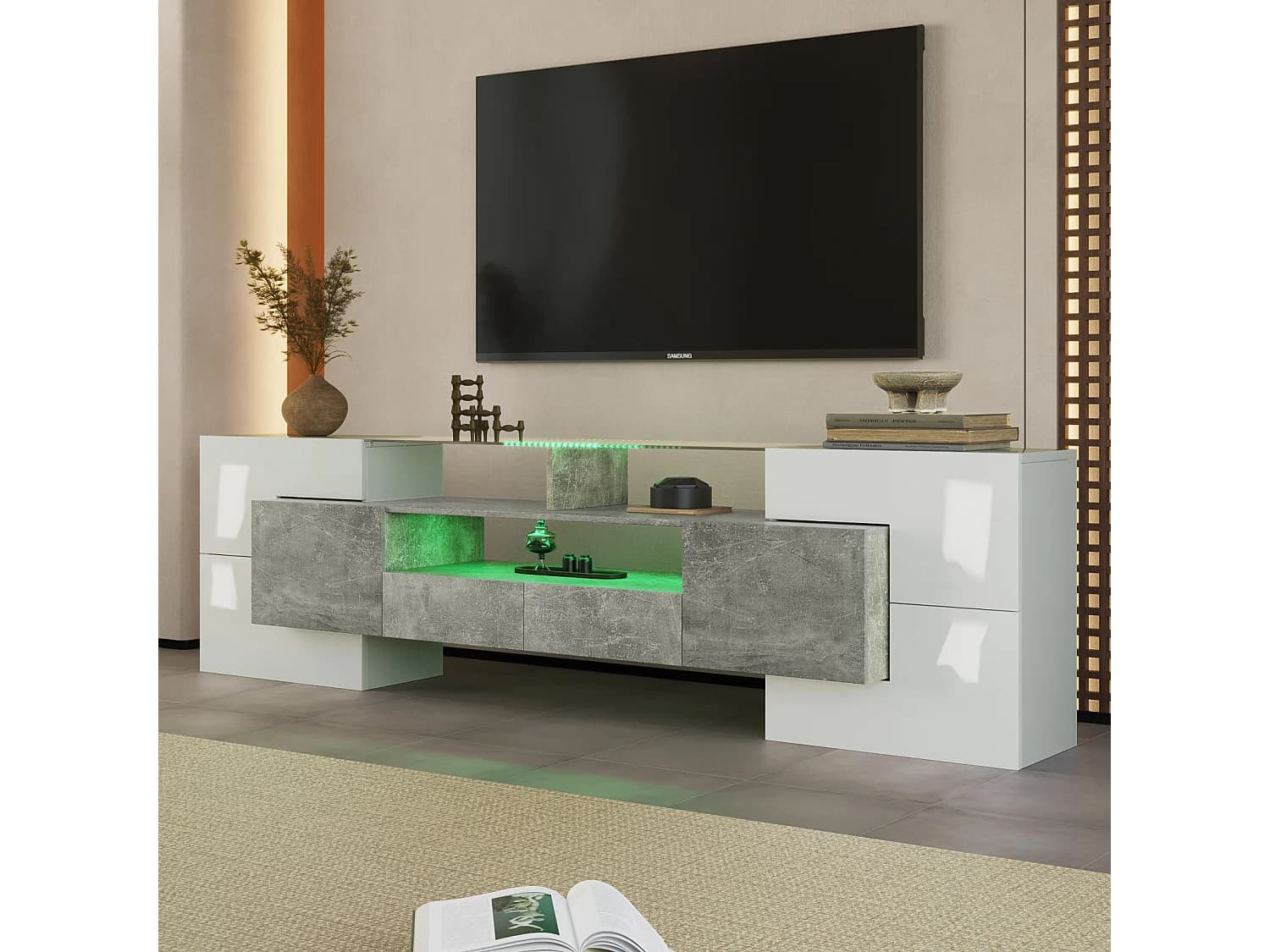 Meuble TV avec Rangement , 6 Portes et 2 Tiroirs , Meuble TV Moderne avec lumière LED , Gris+Blanc