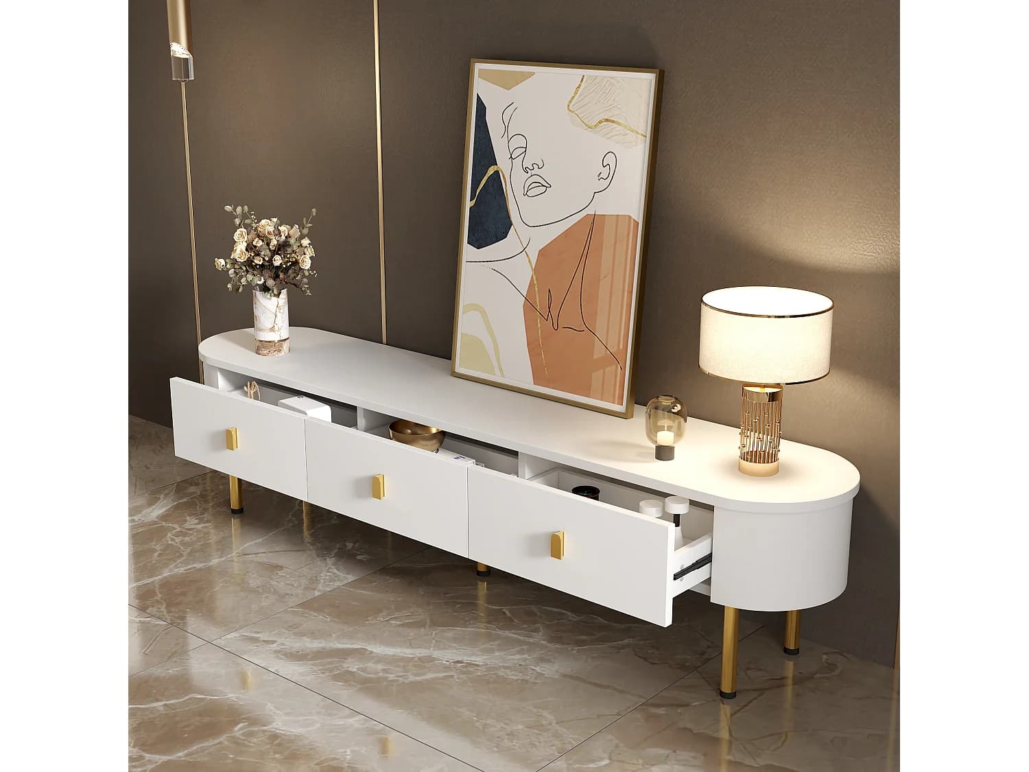 Meuble TV bas 174 X 35 X 41cm avec trois tiroirs, poignées dorées et coins incurvés, blanc