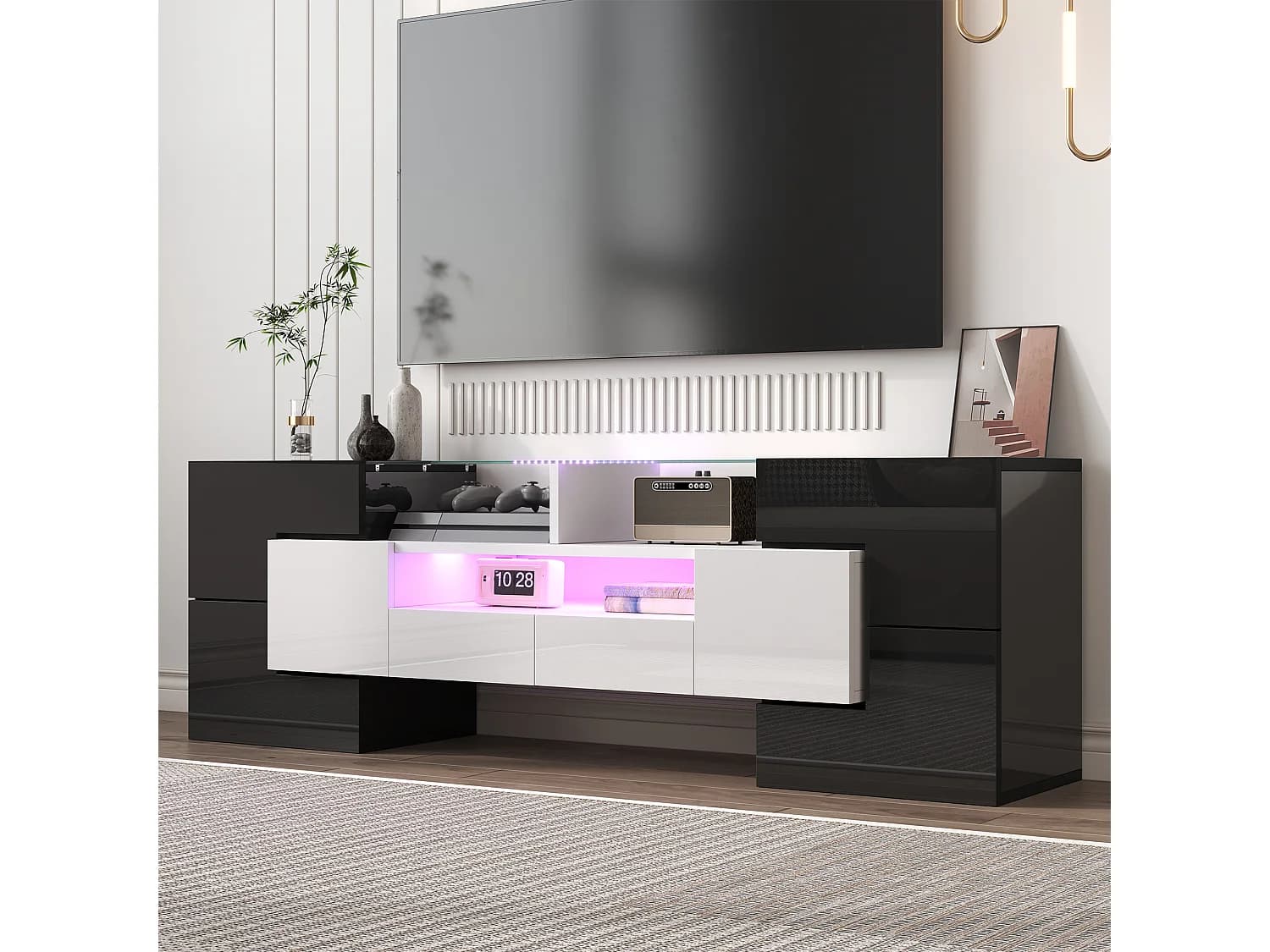 Moderne Banc TV Haute Brillance avec LED, 4 Portes e 2 Tiroirs Meuble Télé, Rangement Ouvert, Noir