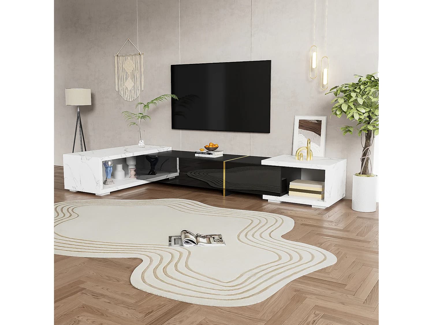 Meuble TV Moderne à Longueur Variable (140-260 cm), Meuble TV bas avec Fonction Rotative , noir