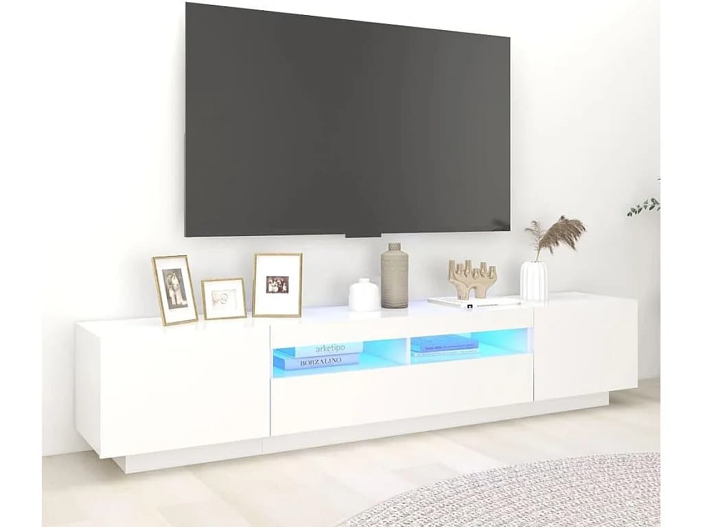 Meuble TV Blanc 260x35x40 cm , 3 niveaux , 3 compartiments , 2 portes , éclairage LED Réglable