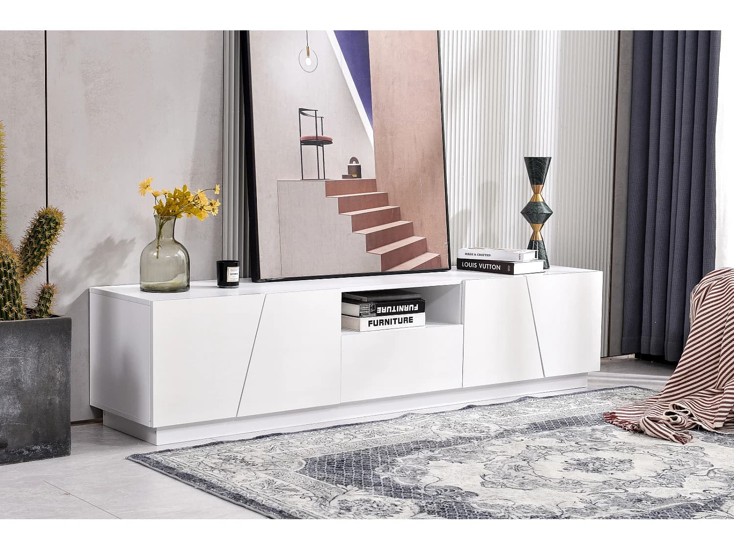 Meuble TV moderne blanc brillant pour salon, style patchwork biseauté, 170 x 42 x 37 cm