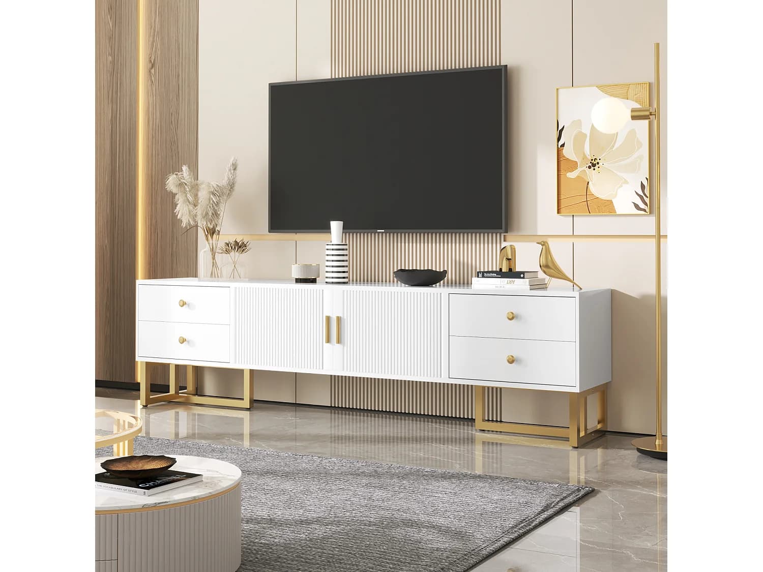 Meuble TV avec Rangement, 2 Portes et 4 Tiroirs, Meuble TV Bas, Pieds et poignées dorés, Blanc
