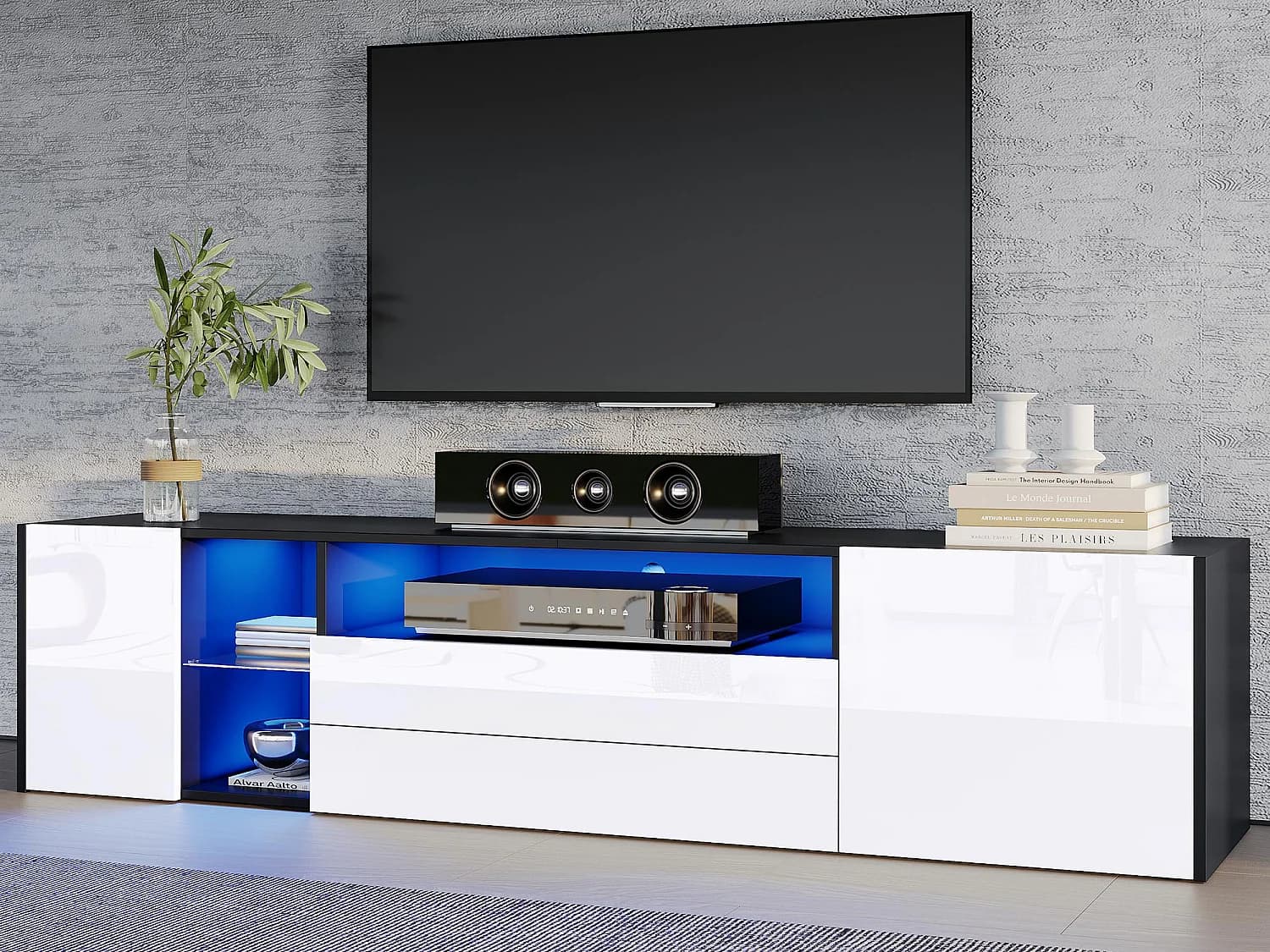 Meuble TV 180x40x45cm - bande lumineuse LED - avec 2 tiroirs et 2 portes - pour téléviseurs 75" - noir et blanc