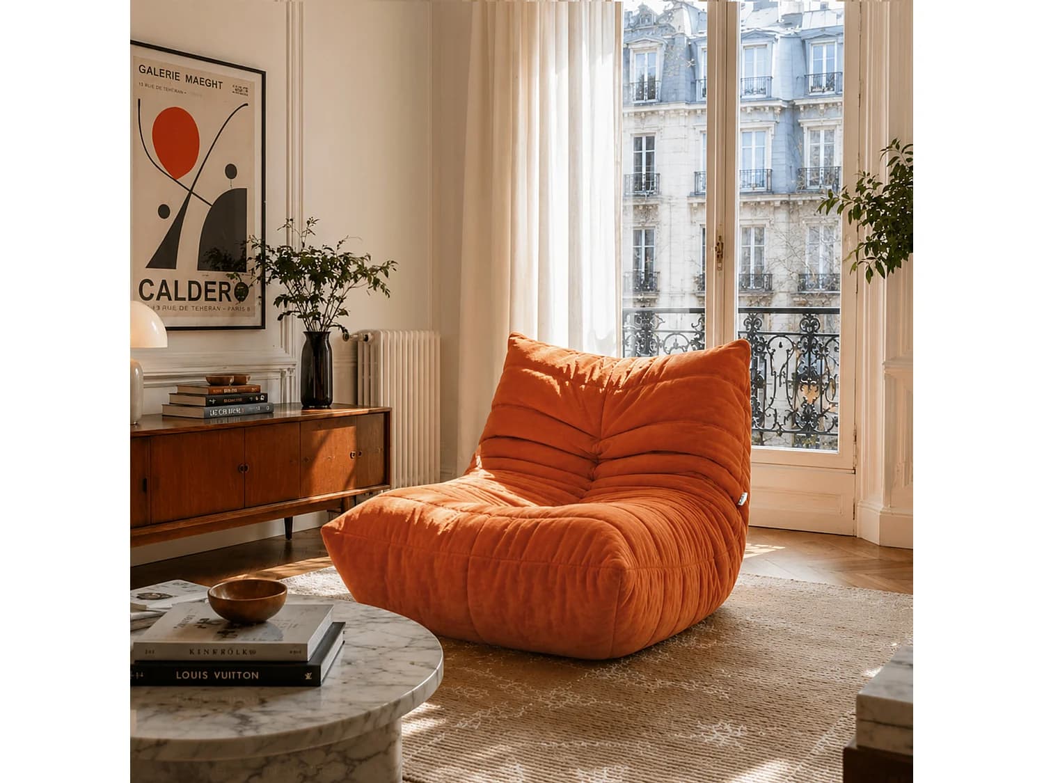 Pouf chauffeuse en tissu chenille garni de mousse extensible, orange - ENZO