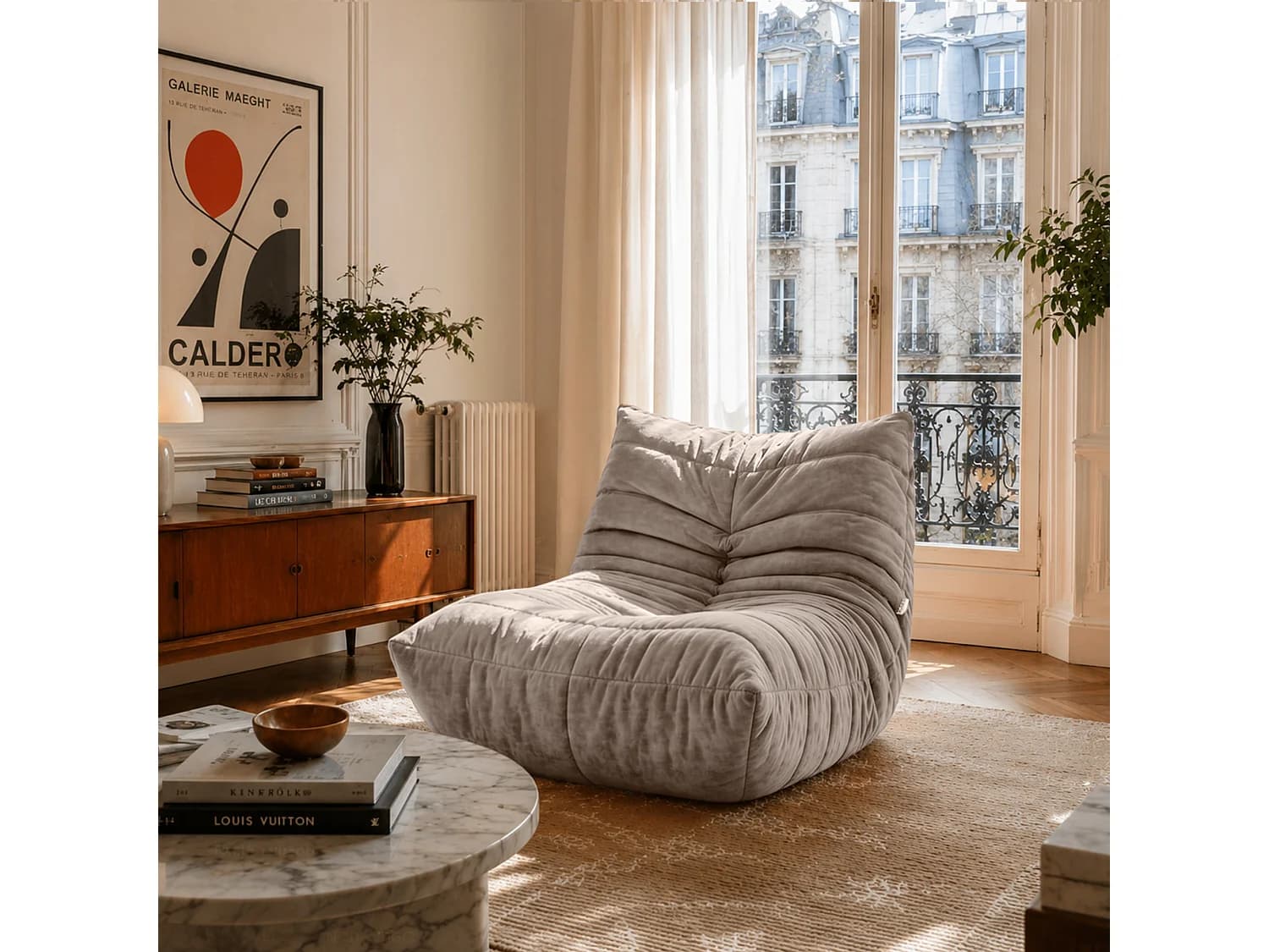 Pouf chauffeuse en tissu chenille garni de mousse extensible, beige - ENZO