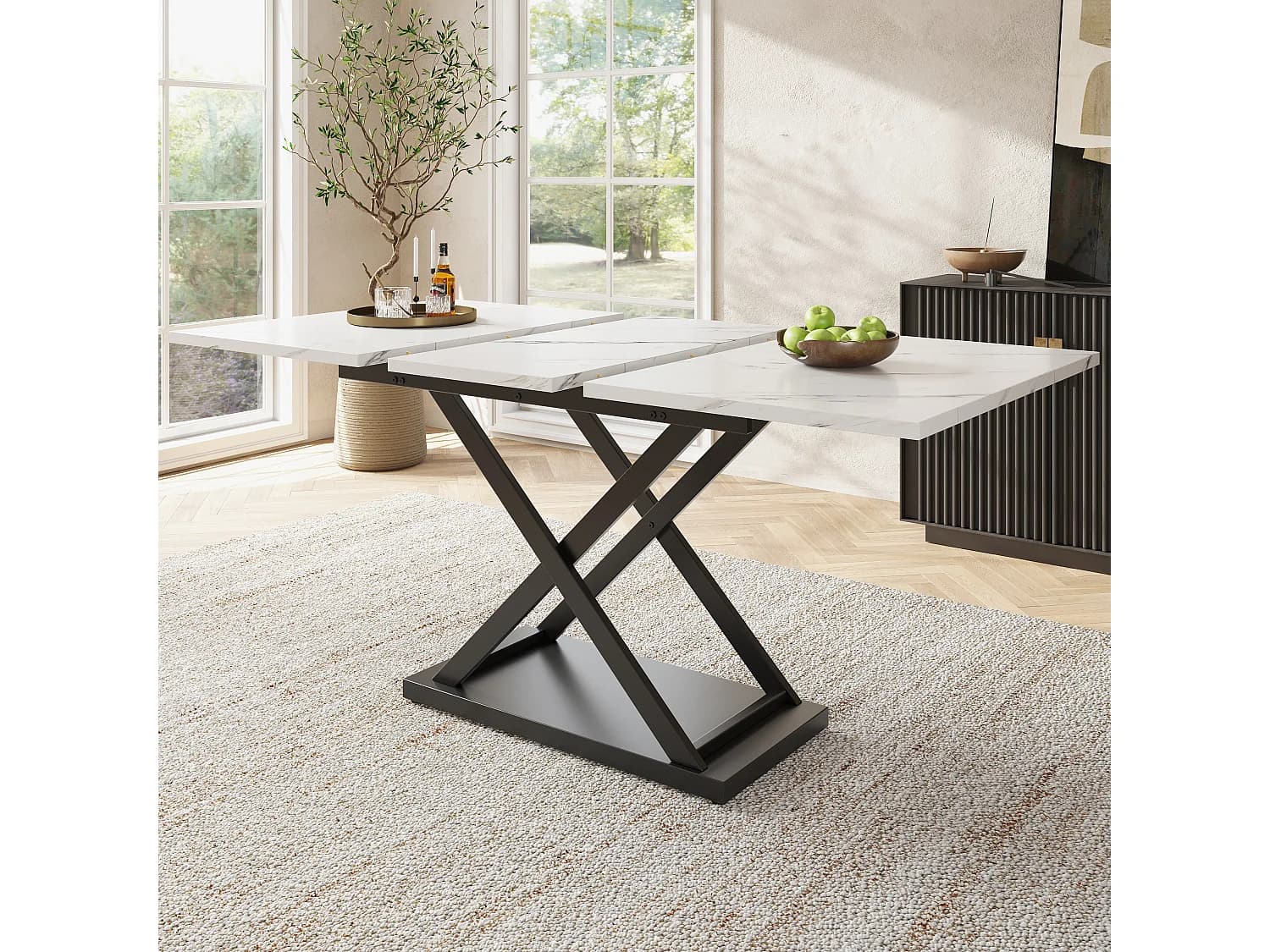 Table à manger extensible rectangle 120-160x80x75cm avec plateau en placage marbre blanc et pieds noir croisé