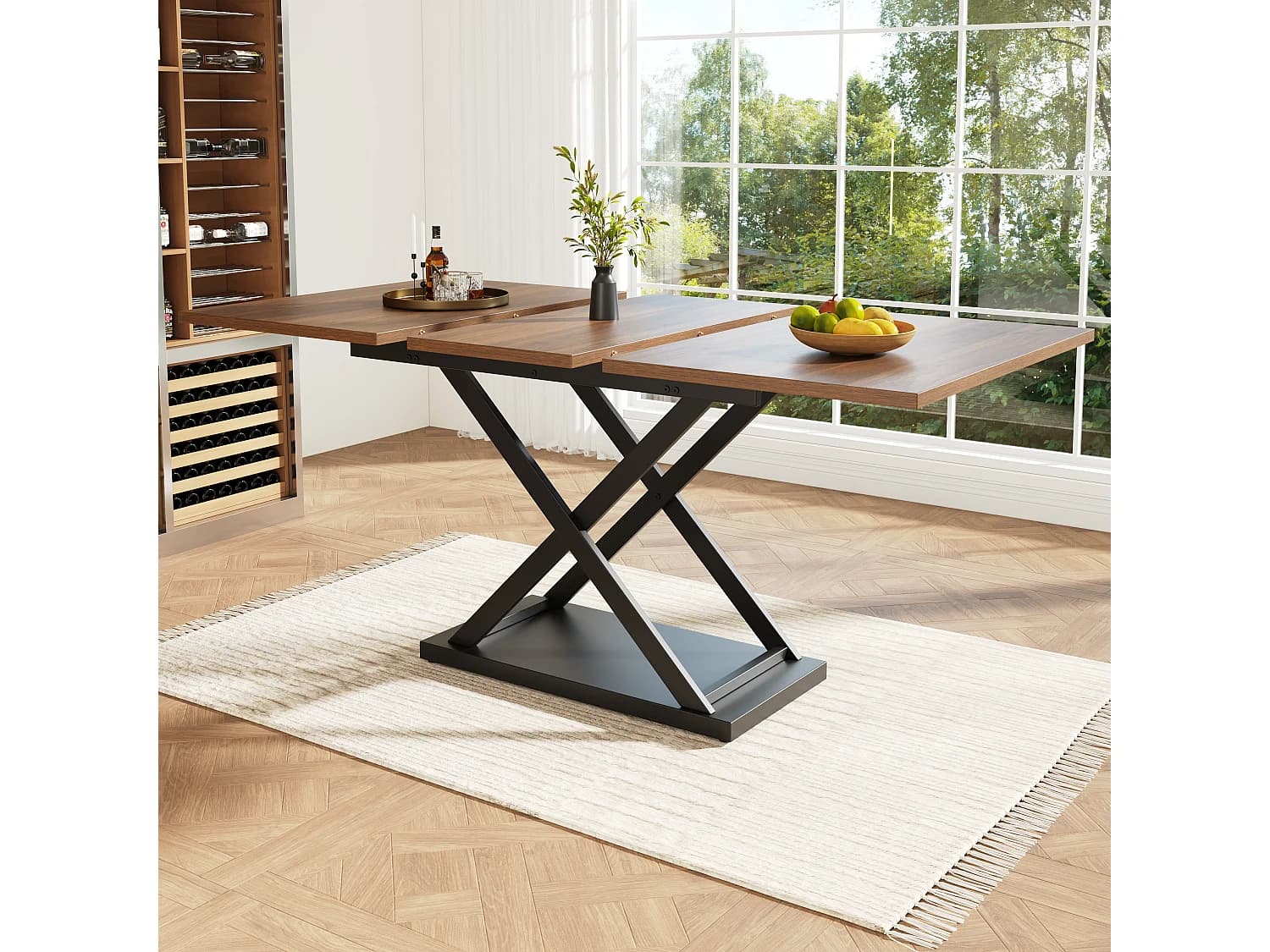 Table à manger extensible rectangle 120-160x80x75cm avec plateau en placage woodgrain marron et pieds noir croisé