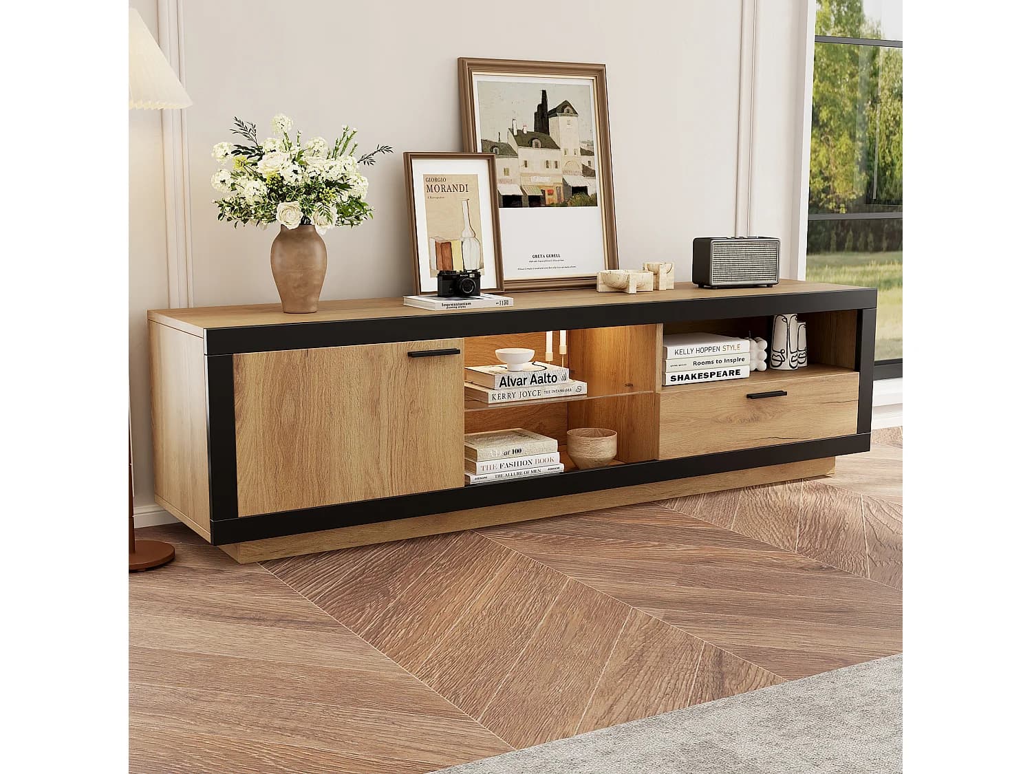 Meuble TV 160x40x50cm avec 1 porte, 1 tiroir et tablette en verre, LED inclus, corps en placage woodgrain naturel clair