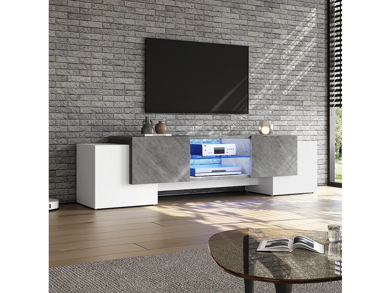 Meuble TV 180x40x46.5cm avec 4 portes et 1 tablette en verre, LED inclus, blanc et gris