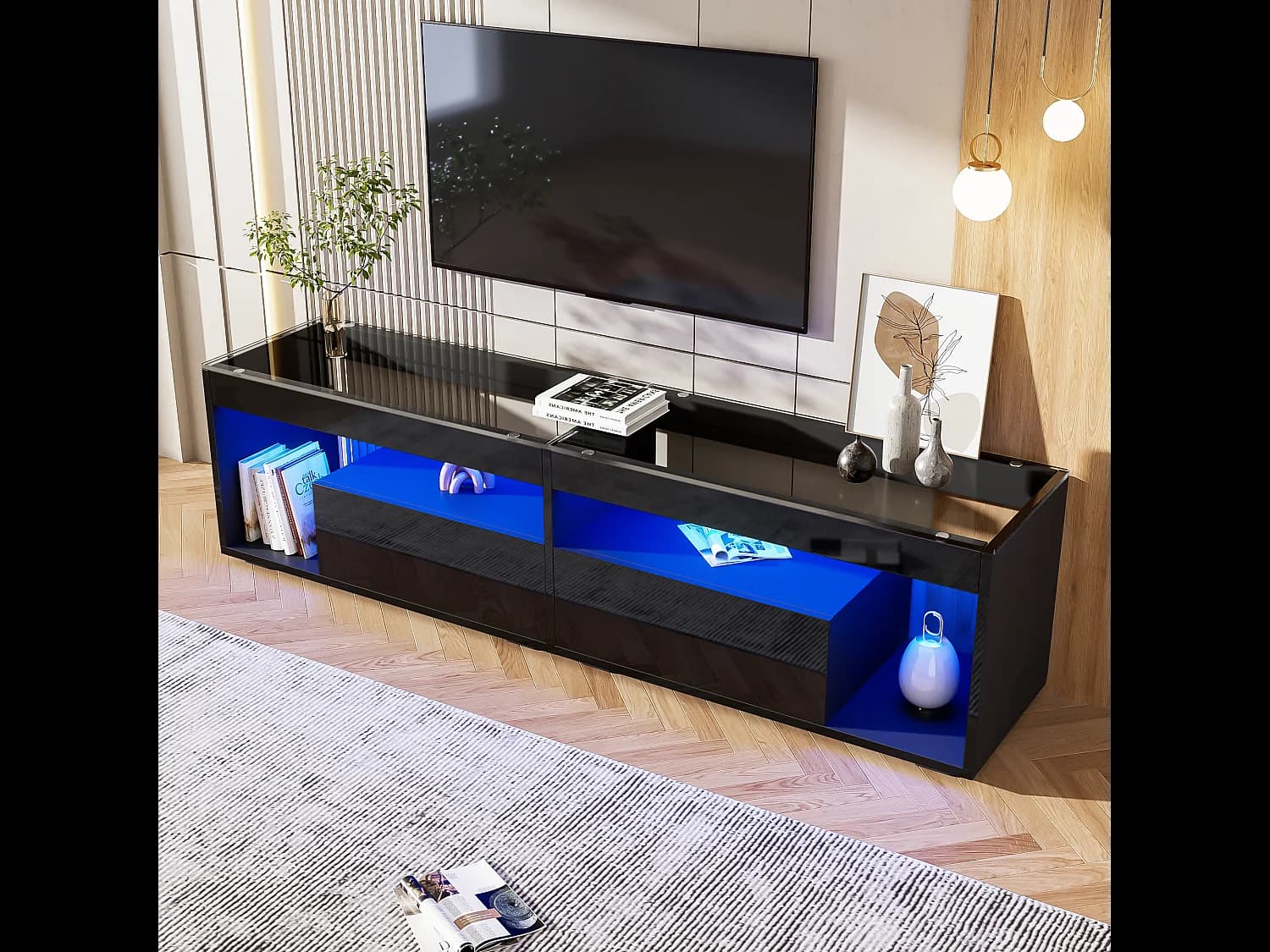 Meuble TV 180x40x46cm avec 2 tiroirs, LED inclus, corps en noir laqué