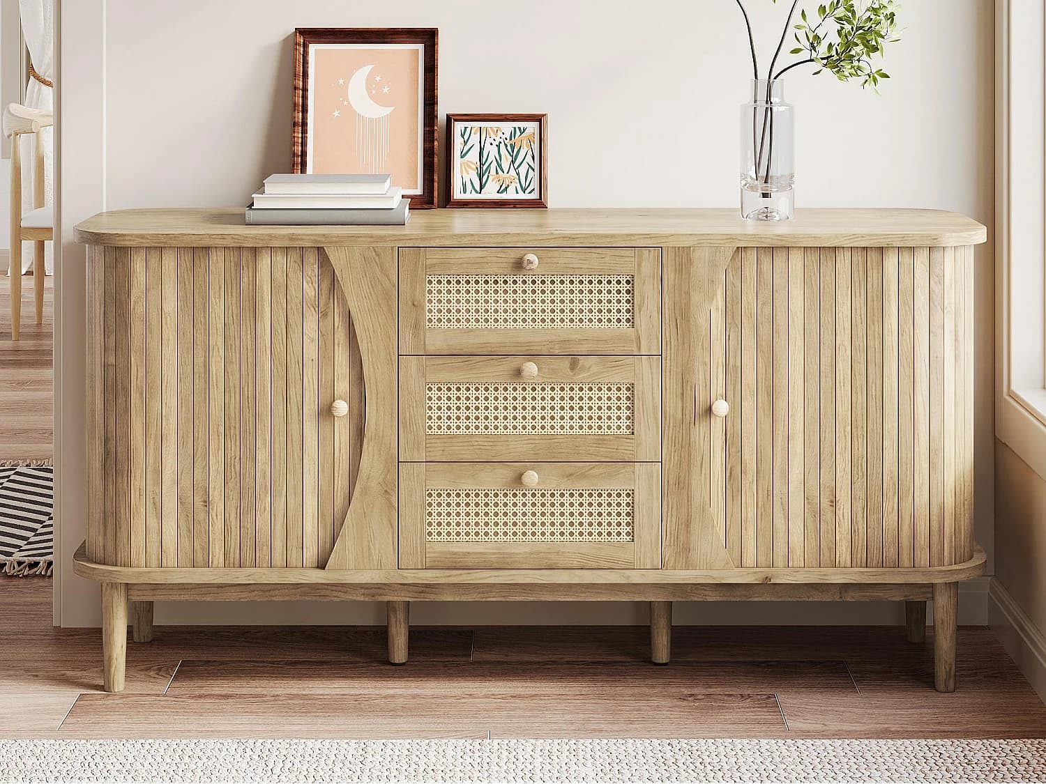 Buffet 140,5x40x76cm - 3 tiroirs en rotin - 2 portes coulissantes - étagères réglables - naturel