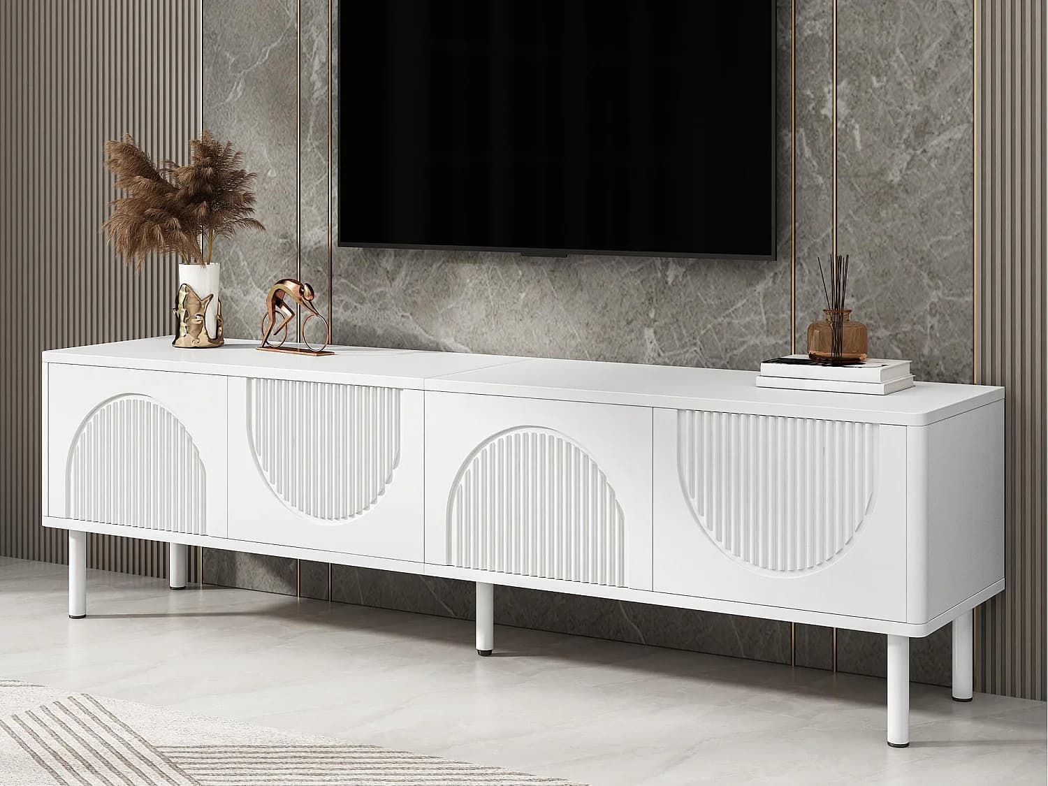 Meuble TV moderne 180x40x52 cm - 4 portes - design en relief - blanc