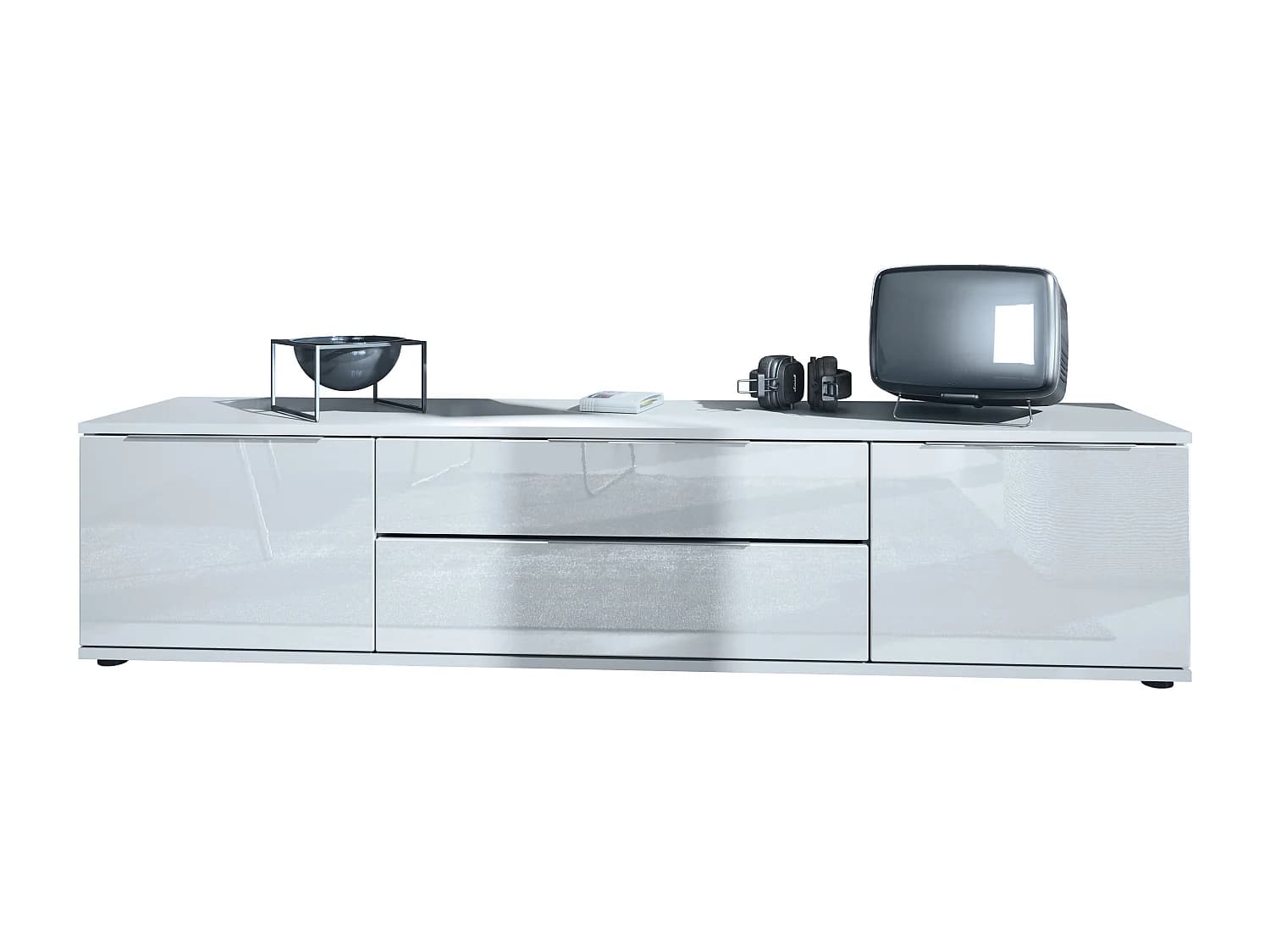 Buffet TV Linio V2, Table de télévision avec 2 portes et 2 tiroirs - Blanc / blanc haute brillance (166,5 x 37,5 x 35 cm)