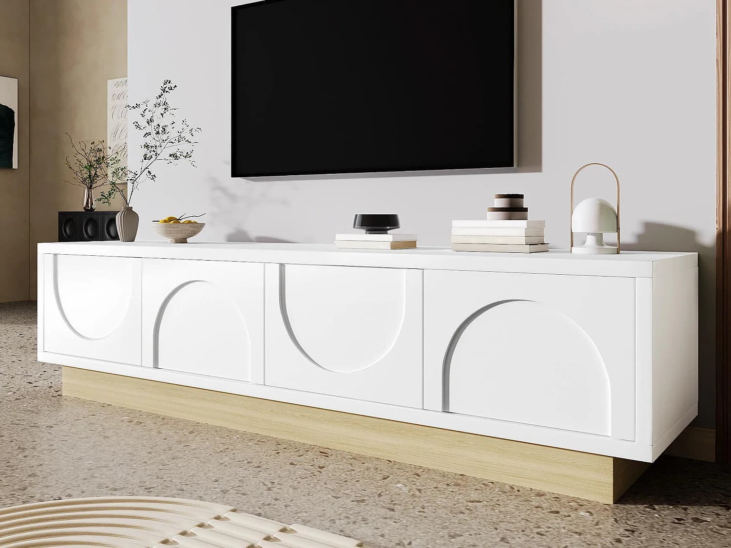 Meuble TV moderne 175x40x42cm - design incurvé - 4 portes - base aspect bois - blanc