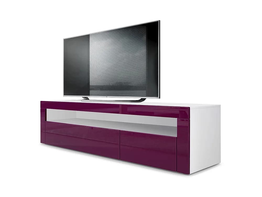 Buffet bas Valencia, Meuble TV avec 1 compartiment ouvert et 2 clapets, Blanc mat/mûre haute brillance/mûre haute brillance (155 x 46 x 40 cm)