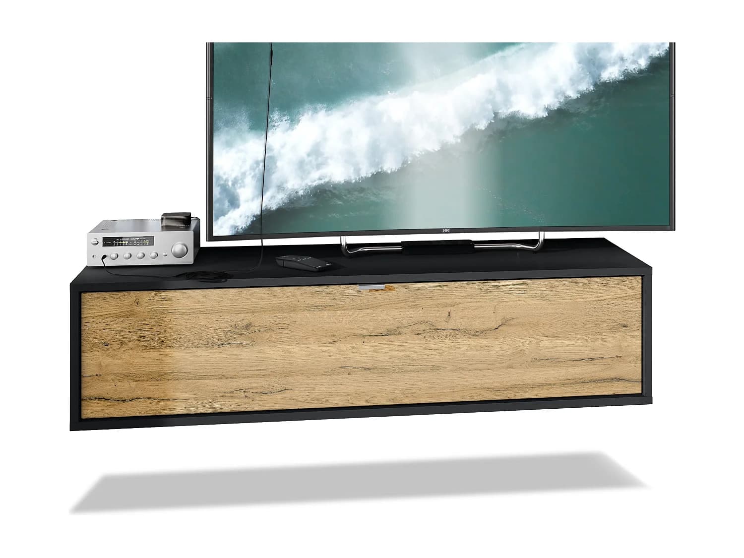 Meuble TV Lana 120 armoire murale lowboard 120 x 29 x 37 cm, caisson en Noir mat, façades en chêne nature | Grand choix de couleurs