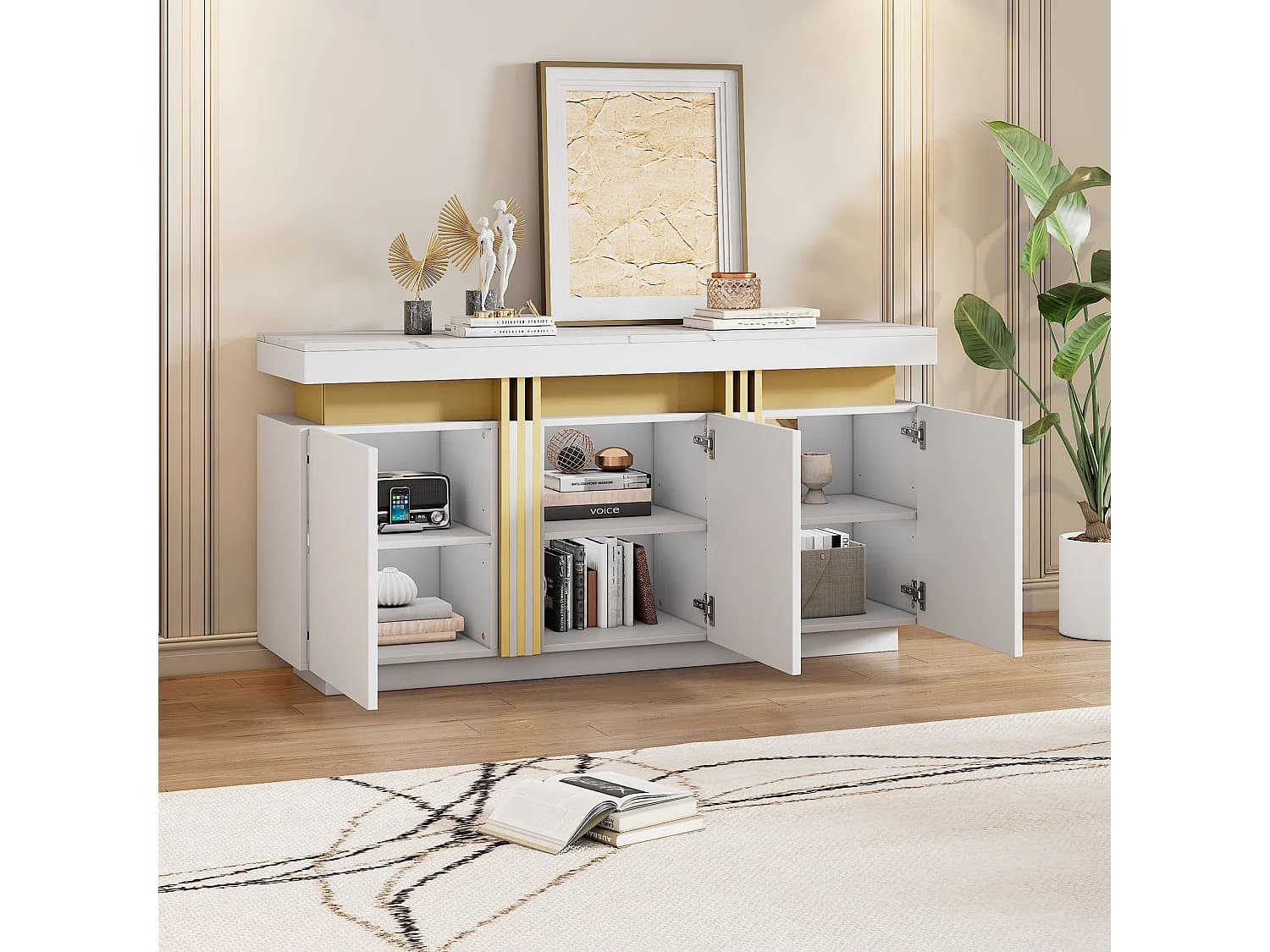 Buffet moderne - 140 x 38 x 70 cm - avec 3 portes + séparateurs réglables - aggloméré - blanc