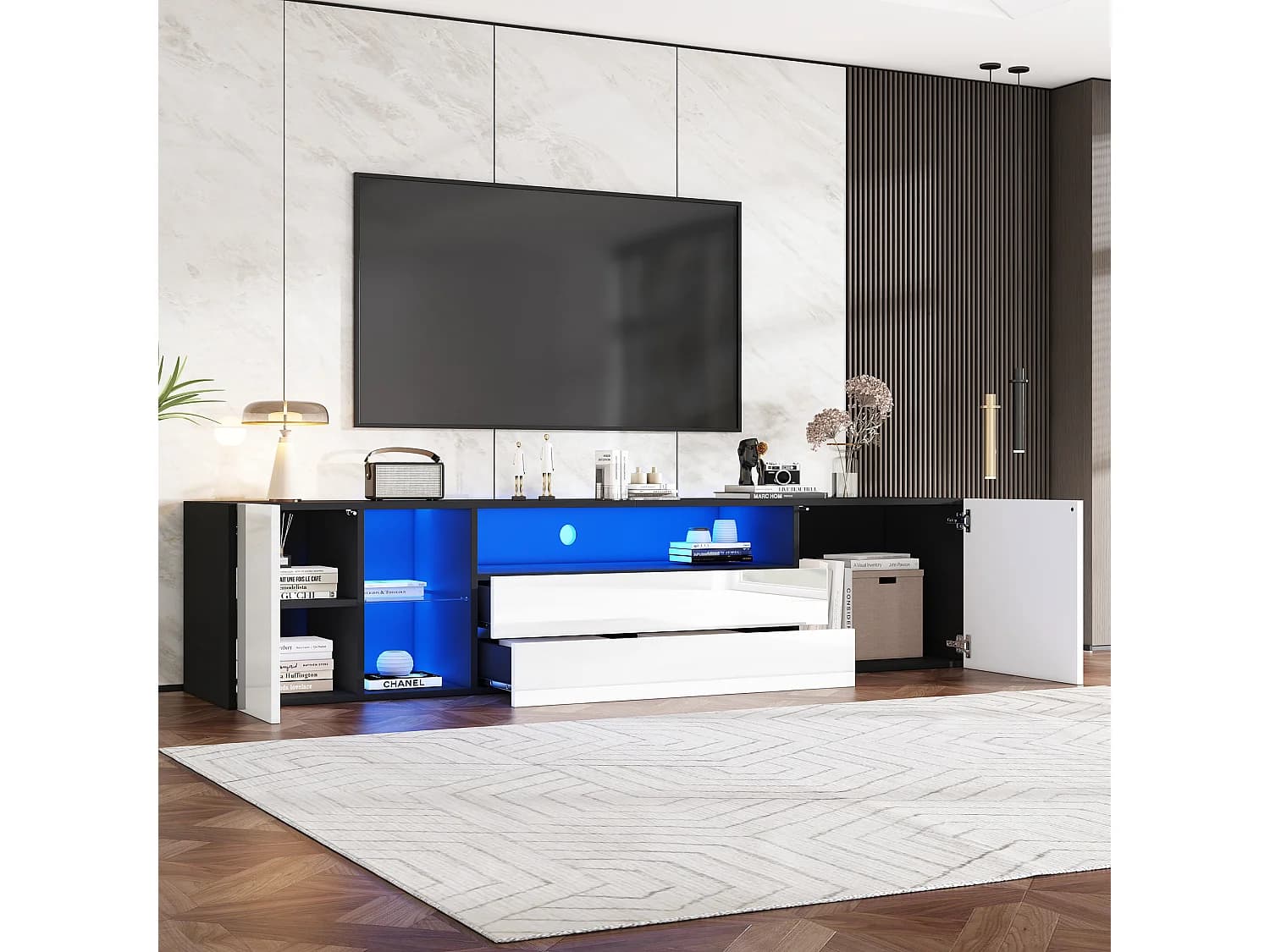 Meuble TV - 180 x 40 x 45 cm - avec Leds + 2 tiroirs + 2 portes - pour TV 75 pouces - Aggloméré + verre trempé - noir
