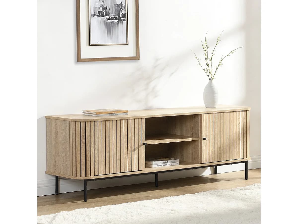 Meuble TV 2 portes rainurées couleur chêne L160xH55 cm - Solna