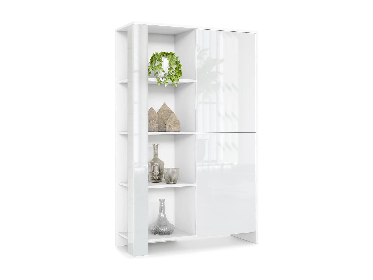 Buffet Haut Canto, meuble haut avec 2 portes et 8 compartiments, corps blanc mat, façades blanc brillant, panneaux décoratifs Blanc brillant (95 x 151,5 x 36 cm)