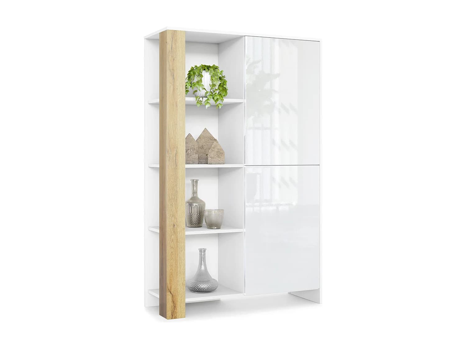 Buffet Haut Canto, meuble haut avec 2 portes et 8 compartiments, corps blanc mat, façades blanc brillant, panneaux décoratifs chêne nature (95 x 151,5 x 36 cm)