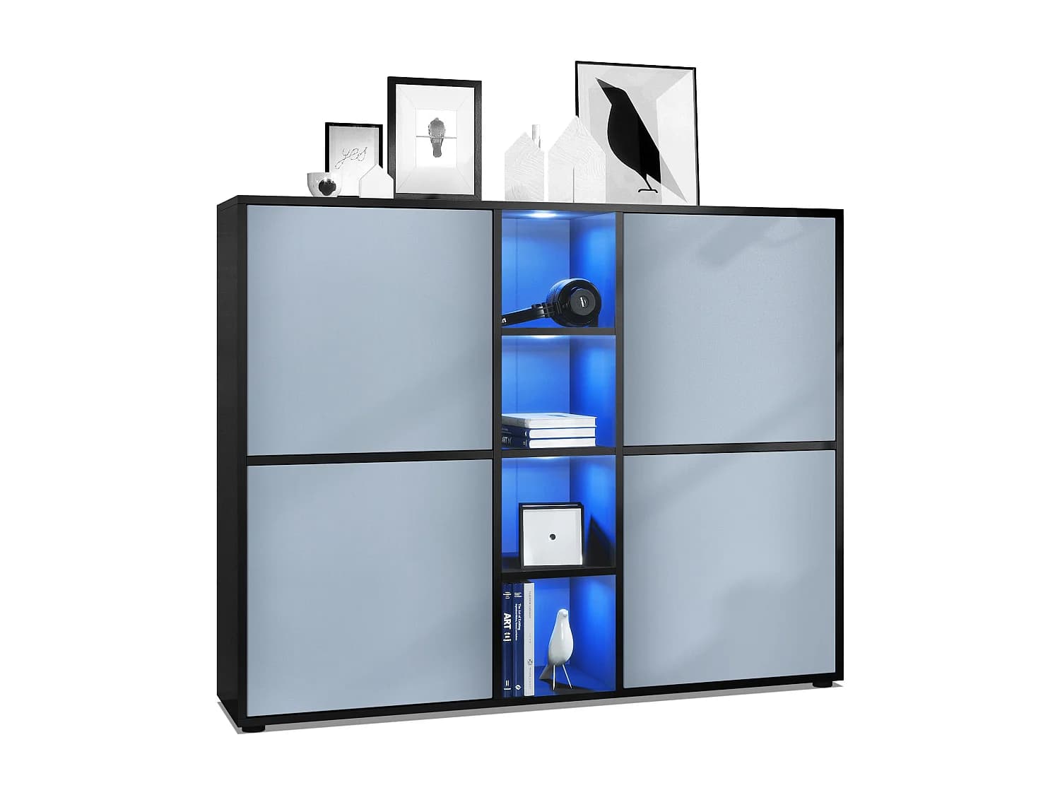 Highboard Cuba V3, noir mat/denim mat y compris LED - Buffet moderne à 12 compartiments (130,5 x 105,5 x 35,5 cm)