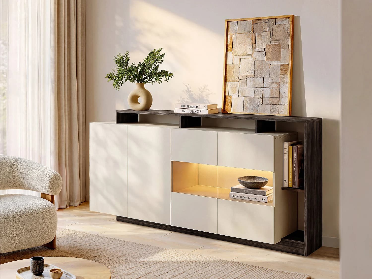 Buffet 4 portes et 4 niches avec LEDs - Beige et Naturel foncé - IDESIA