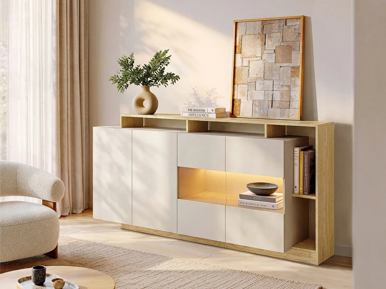 Buffet 4 portes et 4 niches avec LEDs - Beige et Naturel clair - IDESIA