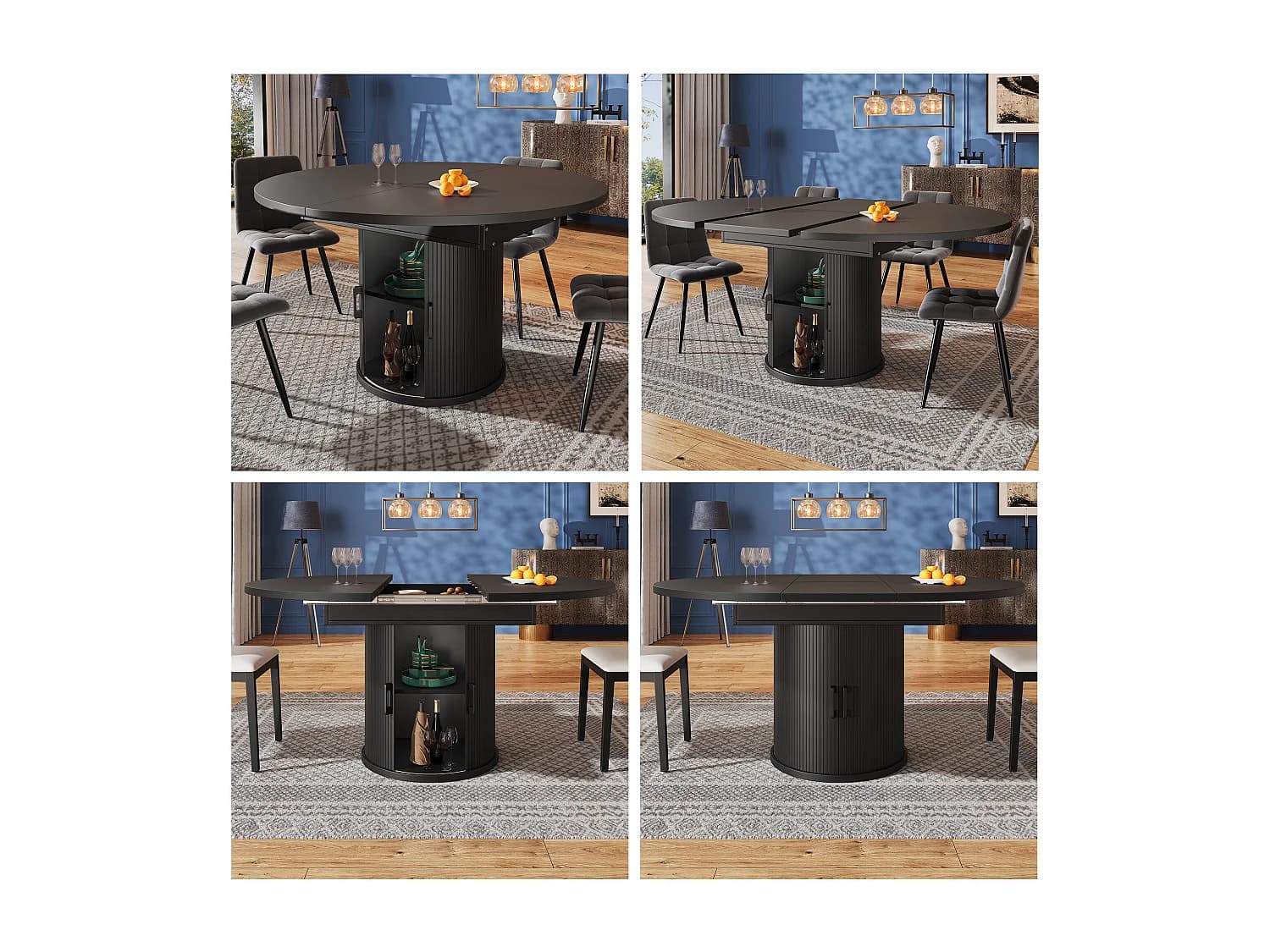 Table à manger 6 places - 118/158 x 118 x 76.8 cm - plateau extensible + avec rangements - MDF - noir