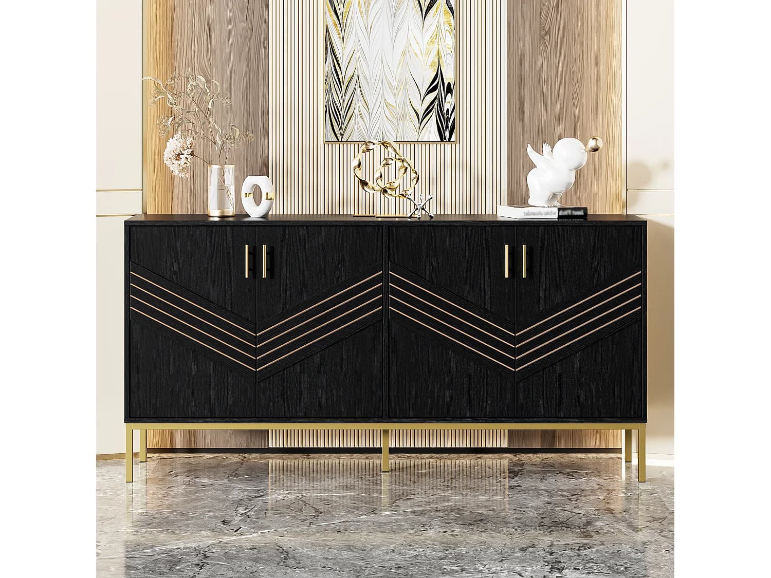 Buffet moderne à 4 portes pour salon - 160 x 40 x 80.5 cm - avec pieds en métal + étagères réglables - MDF - noir