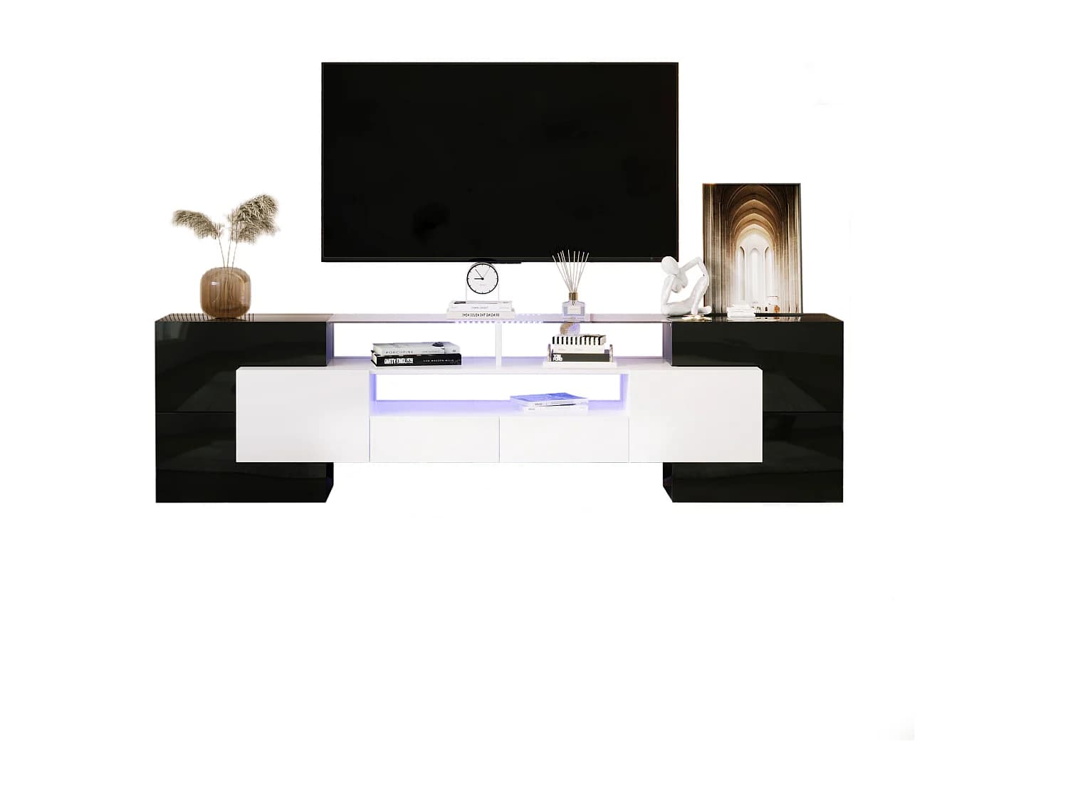 Meuble TV avec LED, design moderne, haute brillance, MDF, noir et blanc (200x35x60cm)