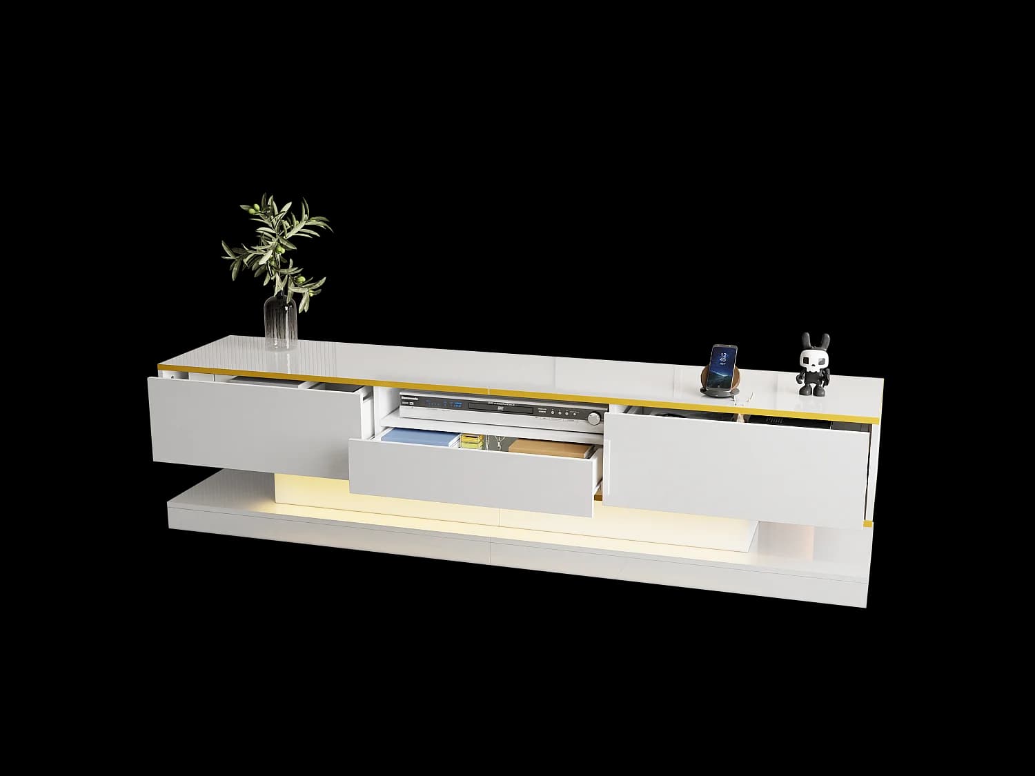 Meuble TV Moderne avec 3 tiroirs et 1 compartiment ouvert – Design hautement brillant avec LED changeant de couleur, 180x38x45cm