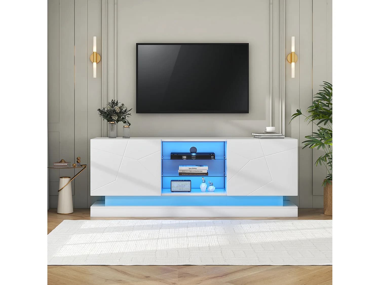 Meuble TV blanc mat avec étagère en verre ajustable, pour TV jusqu'à 70 pouces, rangement pratique avec charnières silencieuses (160x38.5x60cm)